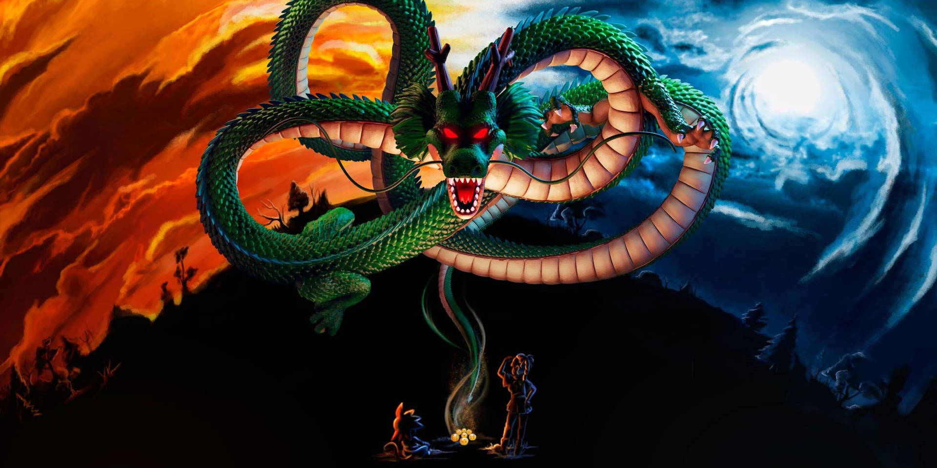 Dragon Ball Z super broly groen lang draak Shenron met skrikwekkende rooi oë op planeet Namek. — Dragon ball z GIF Muurpapier