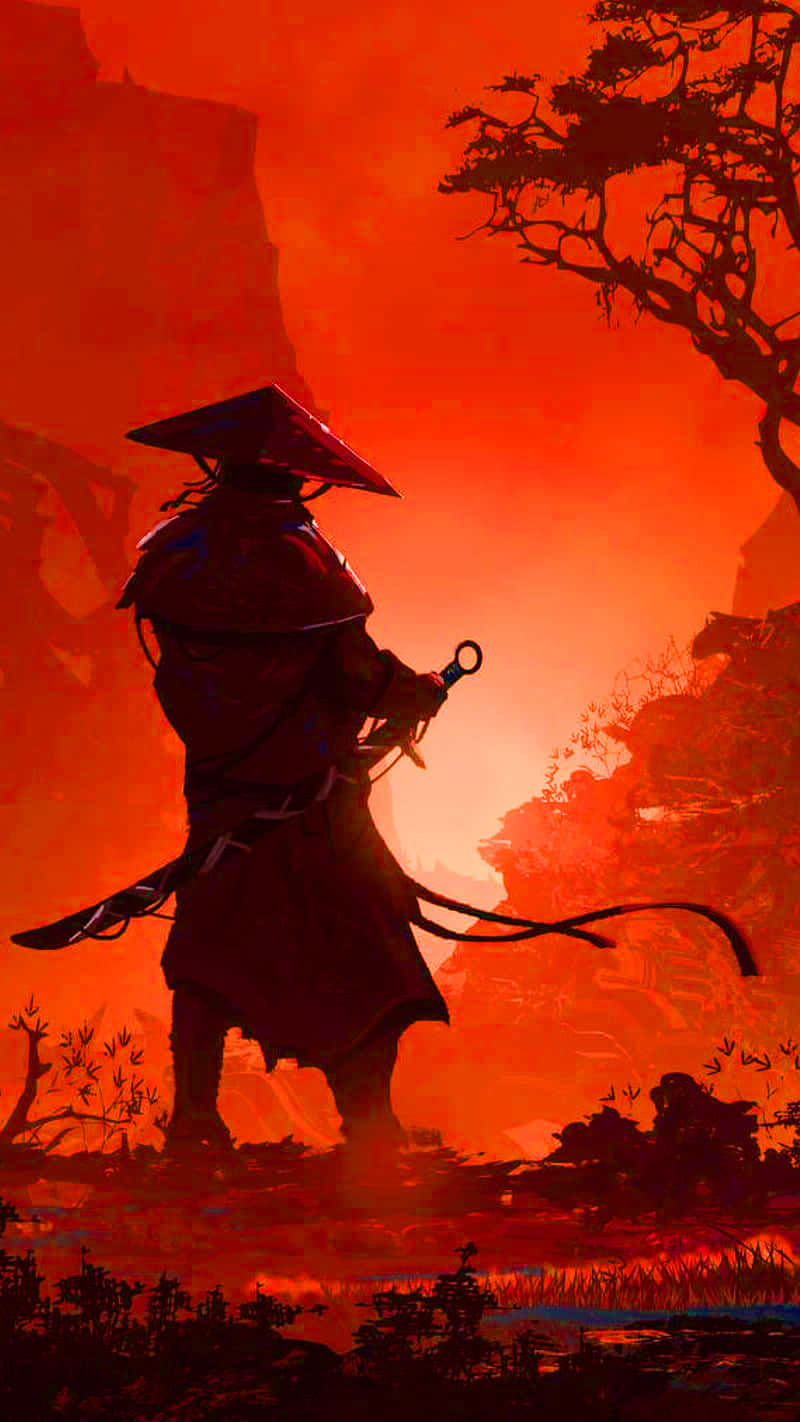 Samurai Anime Ronin Vegter Rooi Berg Muurpapier