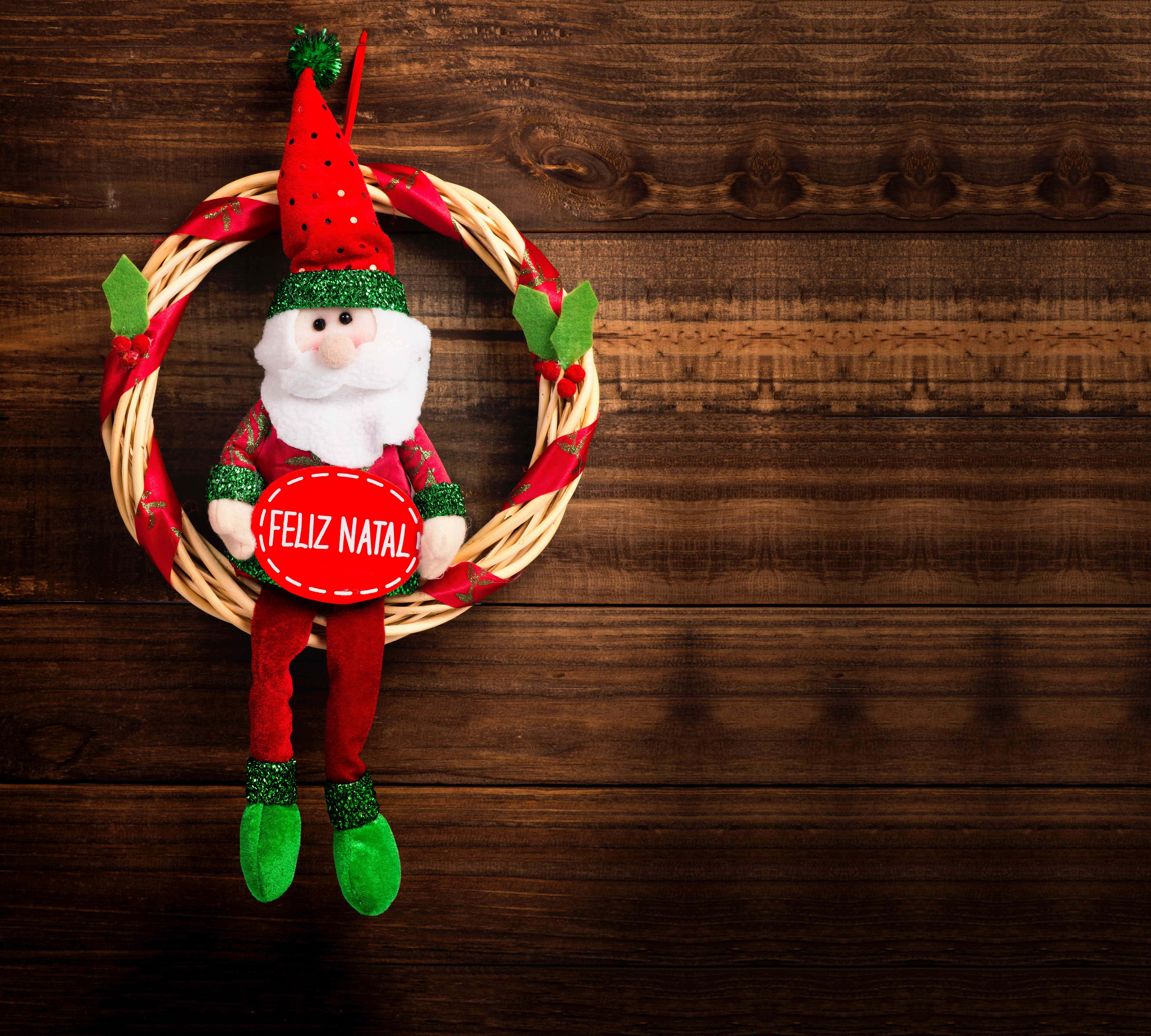 Santa Claus Krans Kersfees Foto Agtergrond Muurpapier