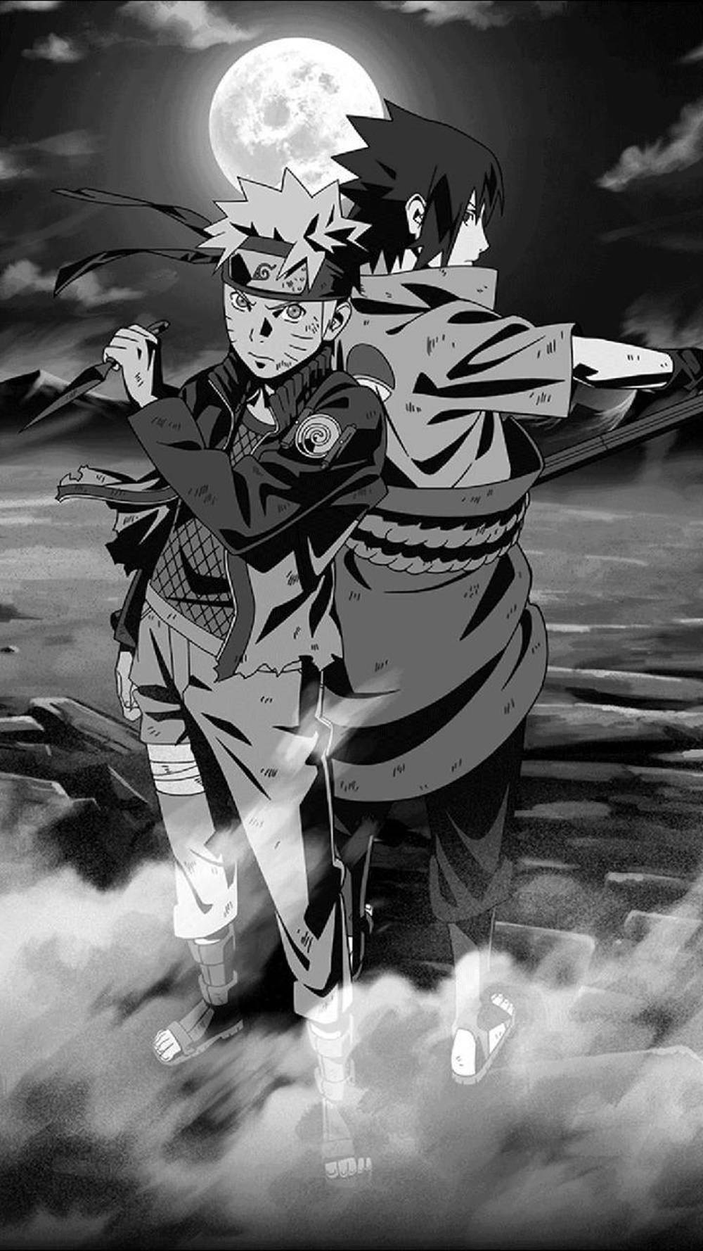 Sasuke en Naruto Rug-aan-Rug Swart Muurpapier