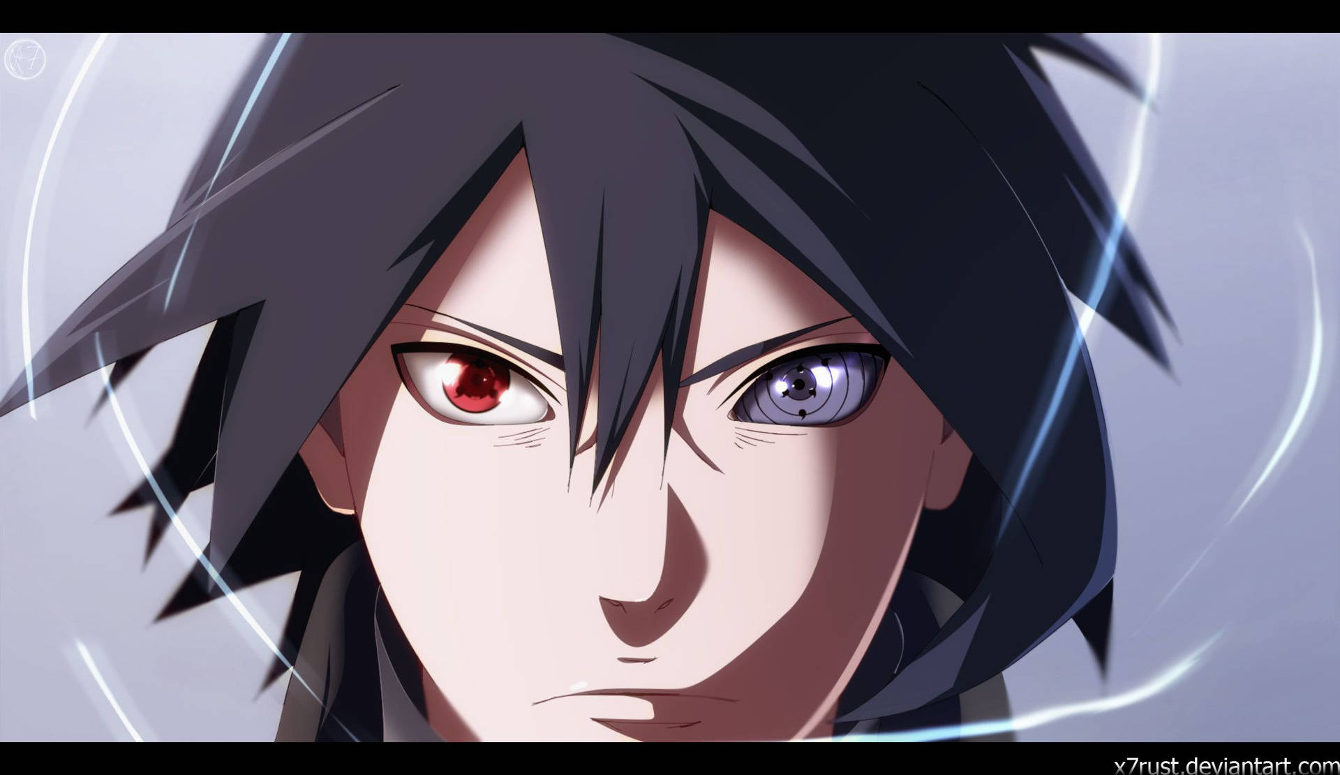 Agtergrond van Sasuke Uchiha wat Rinnegan- en Sharingan-oë vertoon.