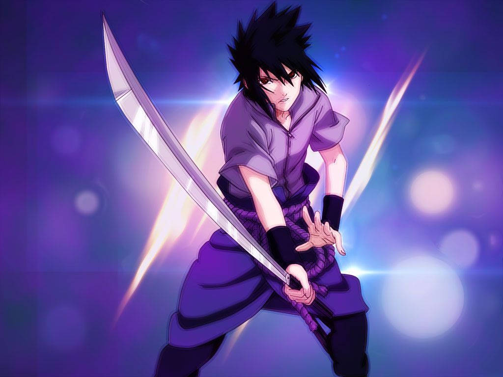 Agtergrond van Sasuke Uchiha wat die groot wapen Kusanagi-swaard hanteer.