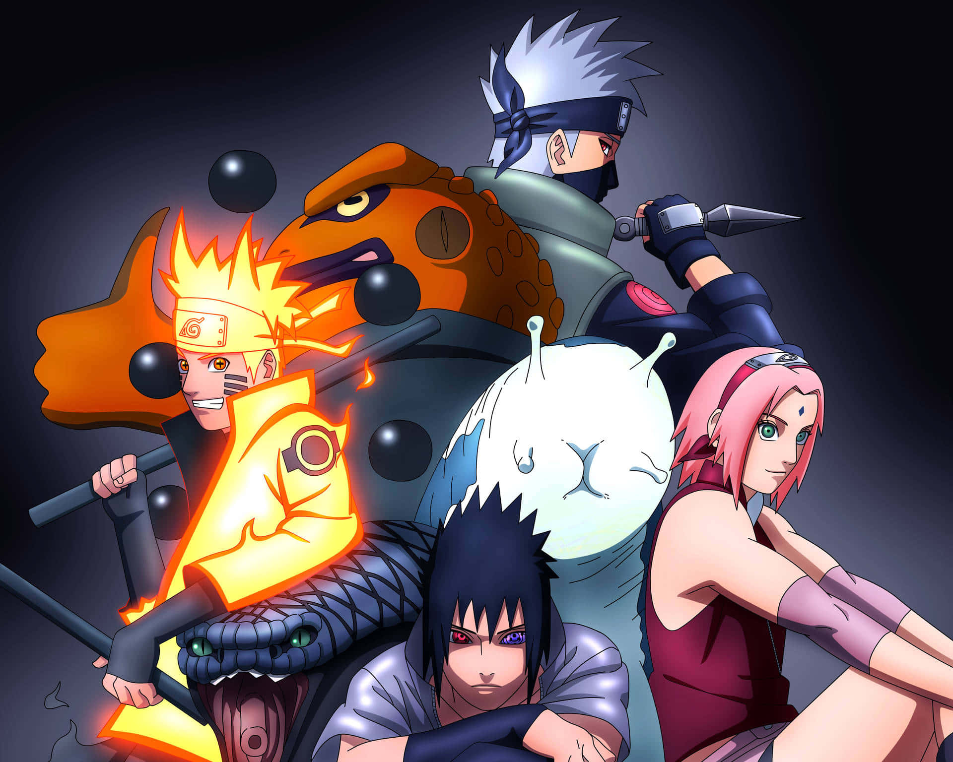 Sasuke (Uchiha), Naruto (Uzumaki) en Sakura (Haruno) van Span 7 gereed vir hul volgende missie! Muurpapier