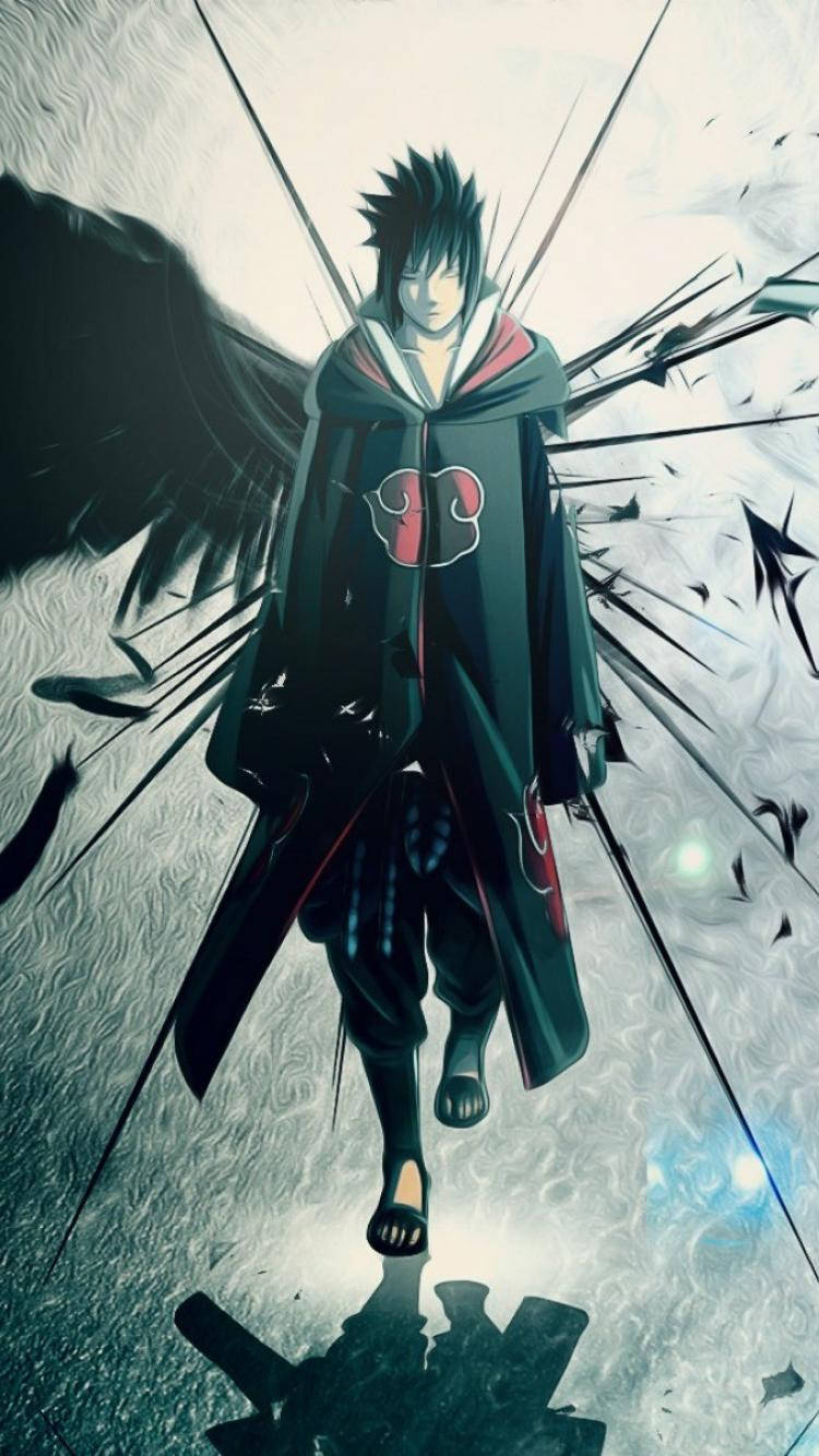 Agtergrond van Sasuke Uchiha wat Akatsuki-kleed aantrek.