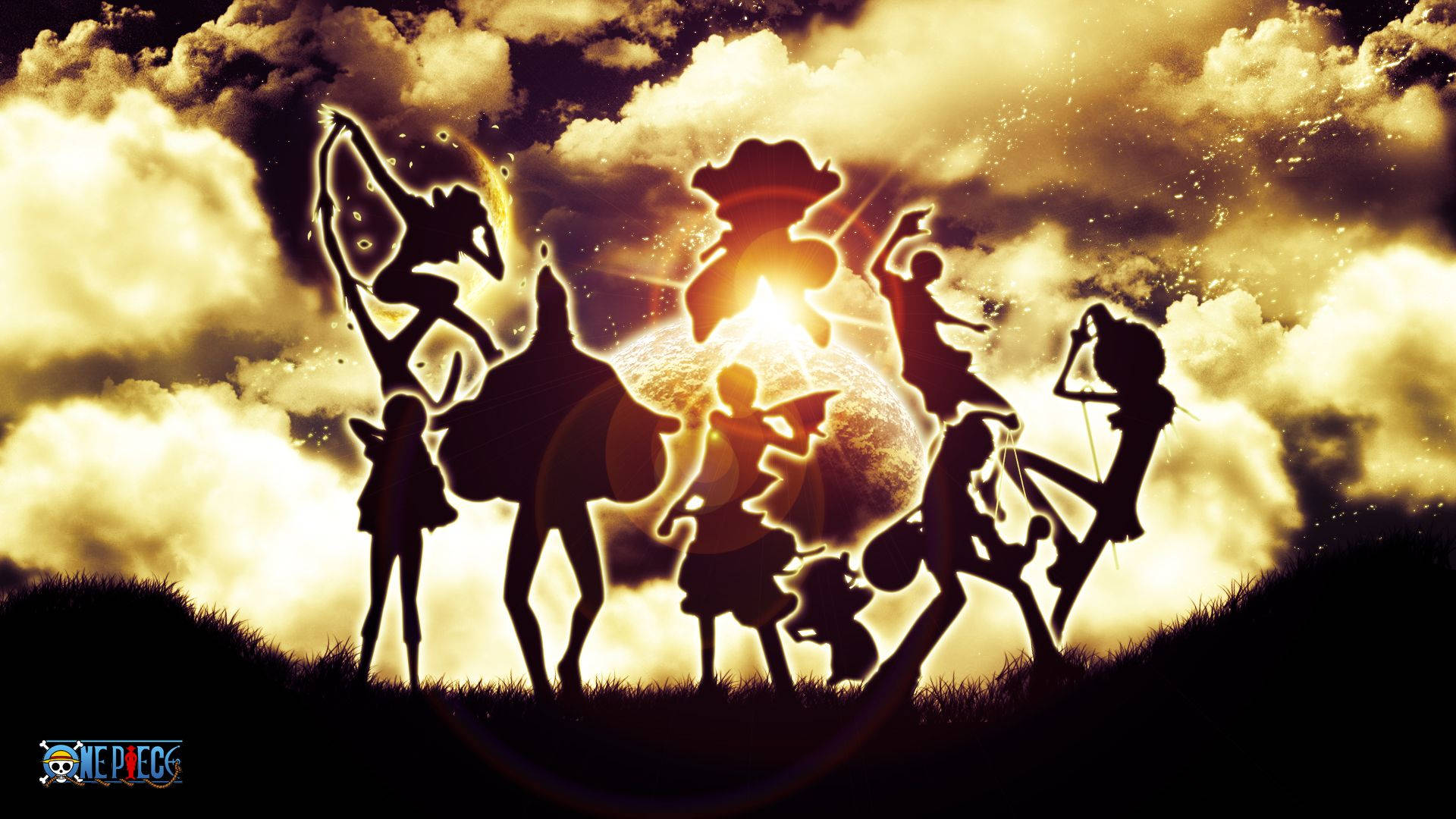 Silhoeët van die One Piece Strooihoed seerowerbemanning te midde van helder lig agtergrond.