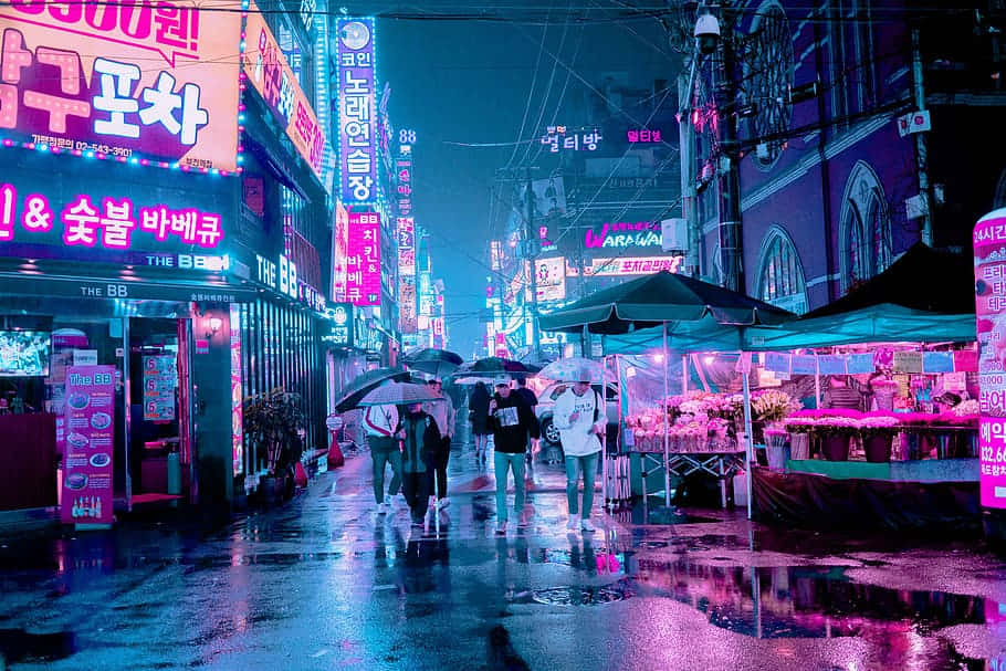 Seoul Neon Pienk Stad Muurpapier