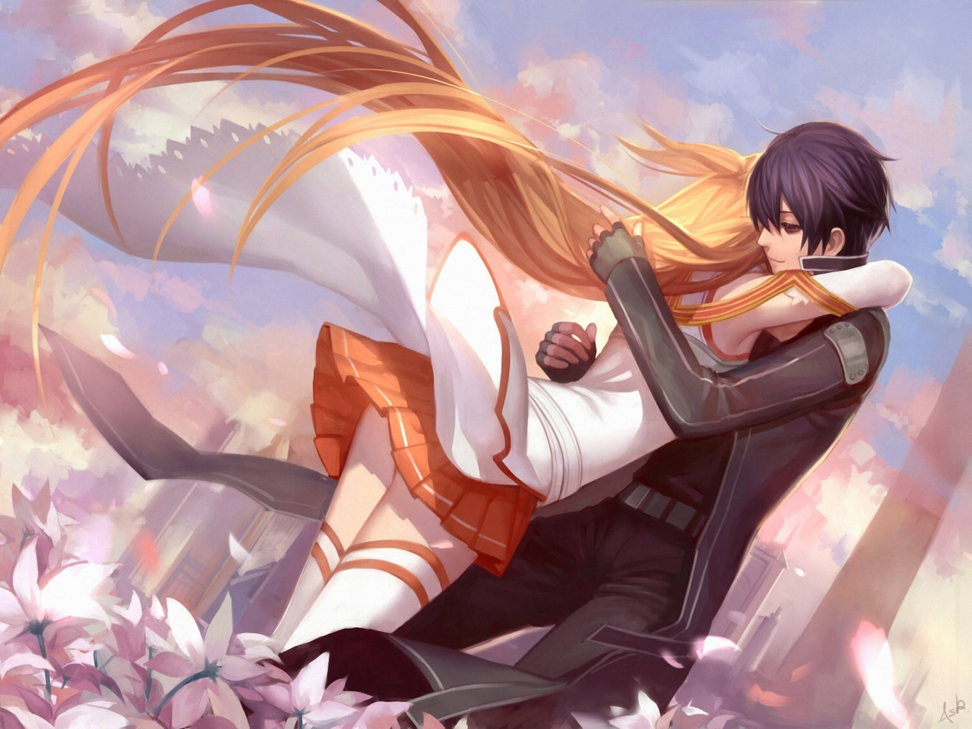 Seun En Blonde Hare Meisie Anime Omhelsing Muurpapier