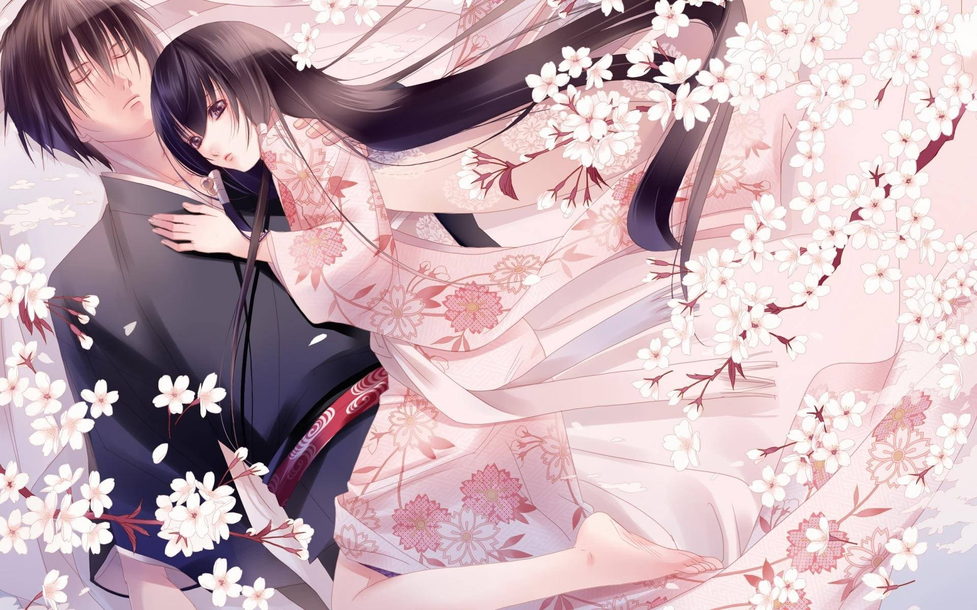 Seun en Meisie Anime Omhelsing Muurpapier