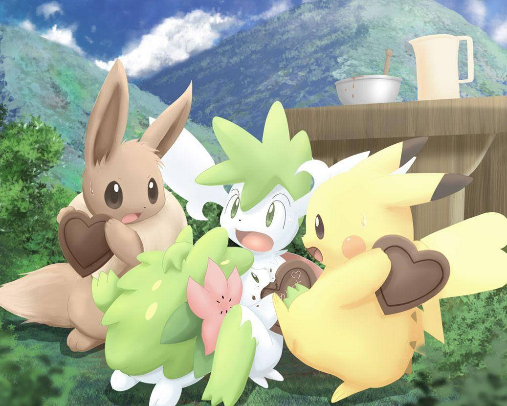 Shaymin speel saam met Pikachu en Eevee Muurpapier