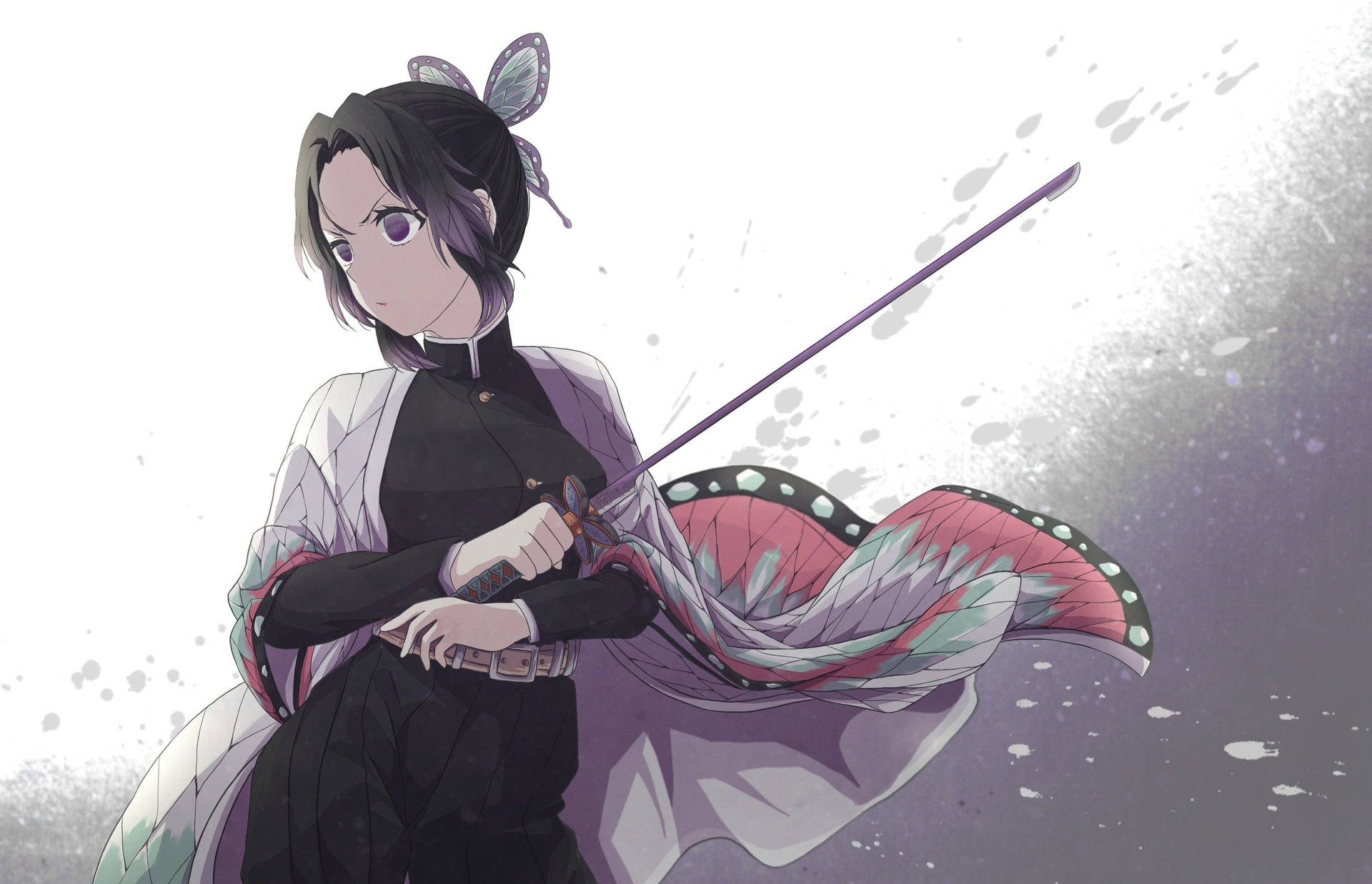 Demonslagter-agtergrond van Hashira Shinobu Kocho wat haar lang dun swaard vashou — Demon slayer 4K GIF Muurpapier