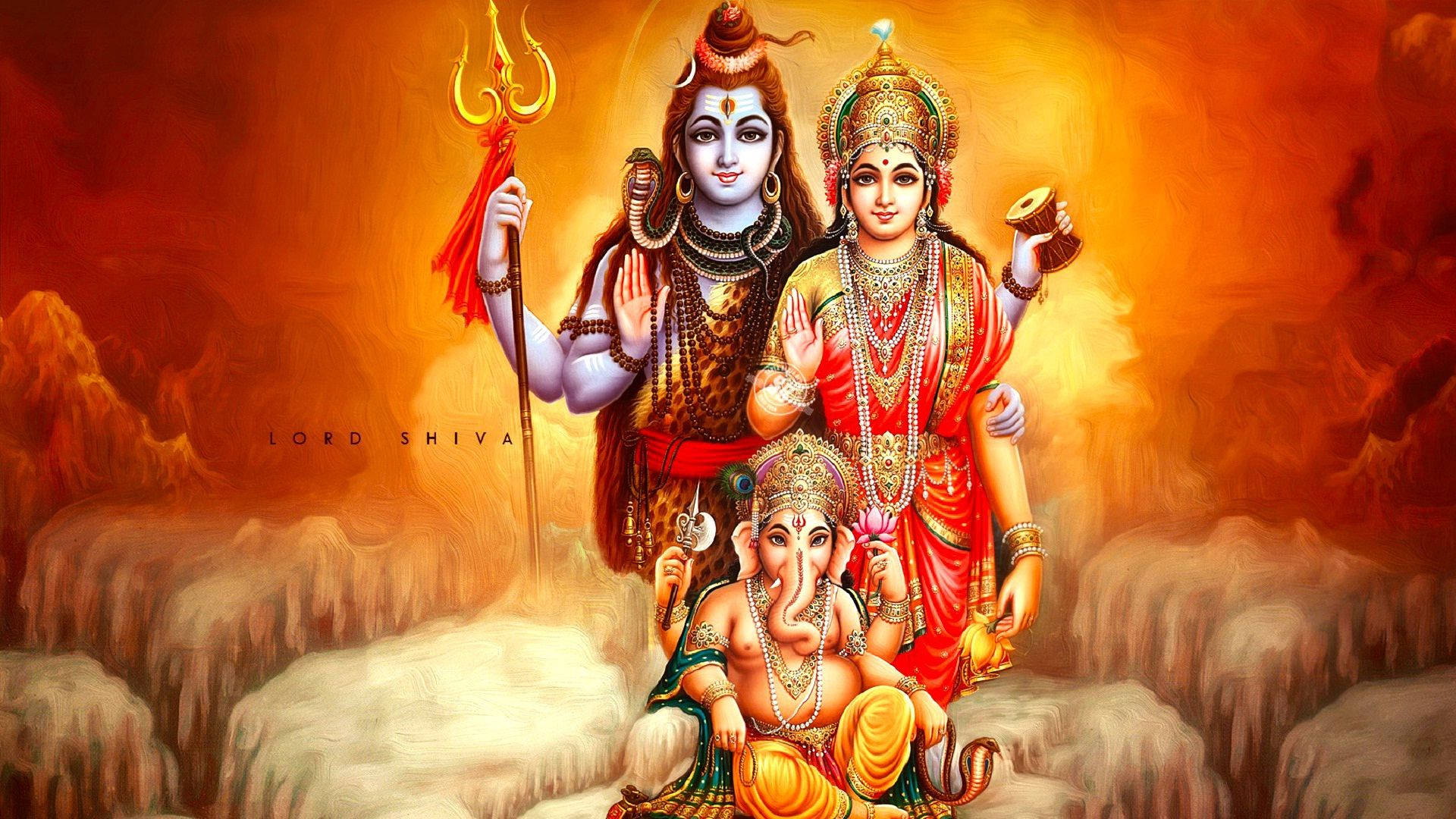 Shiva Parvati Ganesha Rooi en Oranje Agtergrond Muurpapier