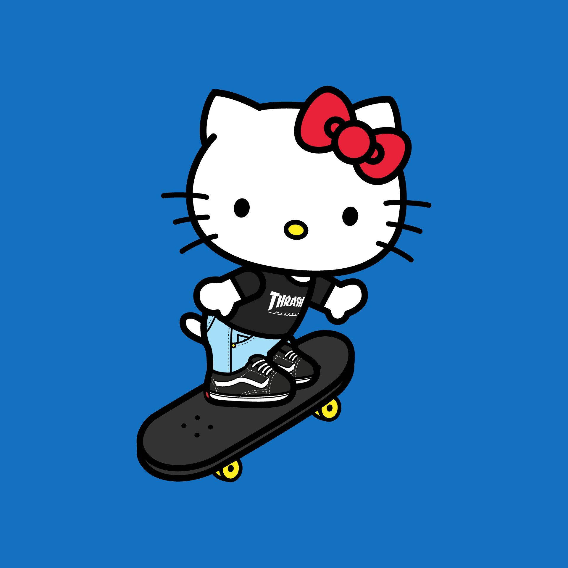 Skaatsende Spotprentkarakter Hello Kitty PFP Muurpapier