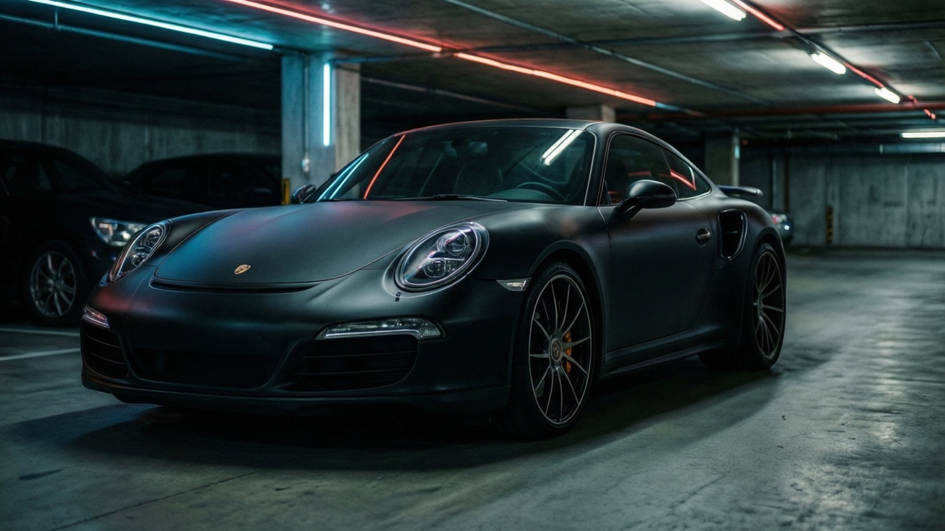 ’n Mat swart Porsche 911 Turbo S staan uit in ’n stemmige ondergrondse motorhuis met neonweerkaatsings. — Koel motors Muurpapier