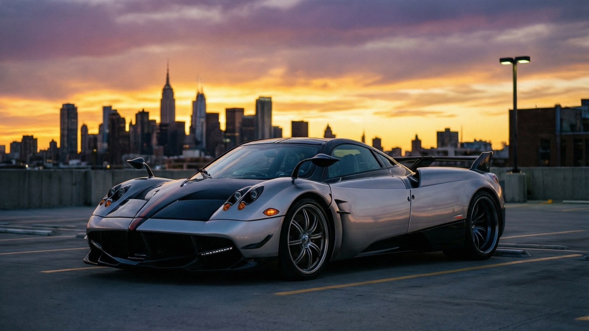 'n Silwer Pagani Huayra BC teen skemer op 'n dak met stadsilhoeët agter. — Koel motors Muurpapier