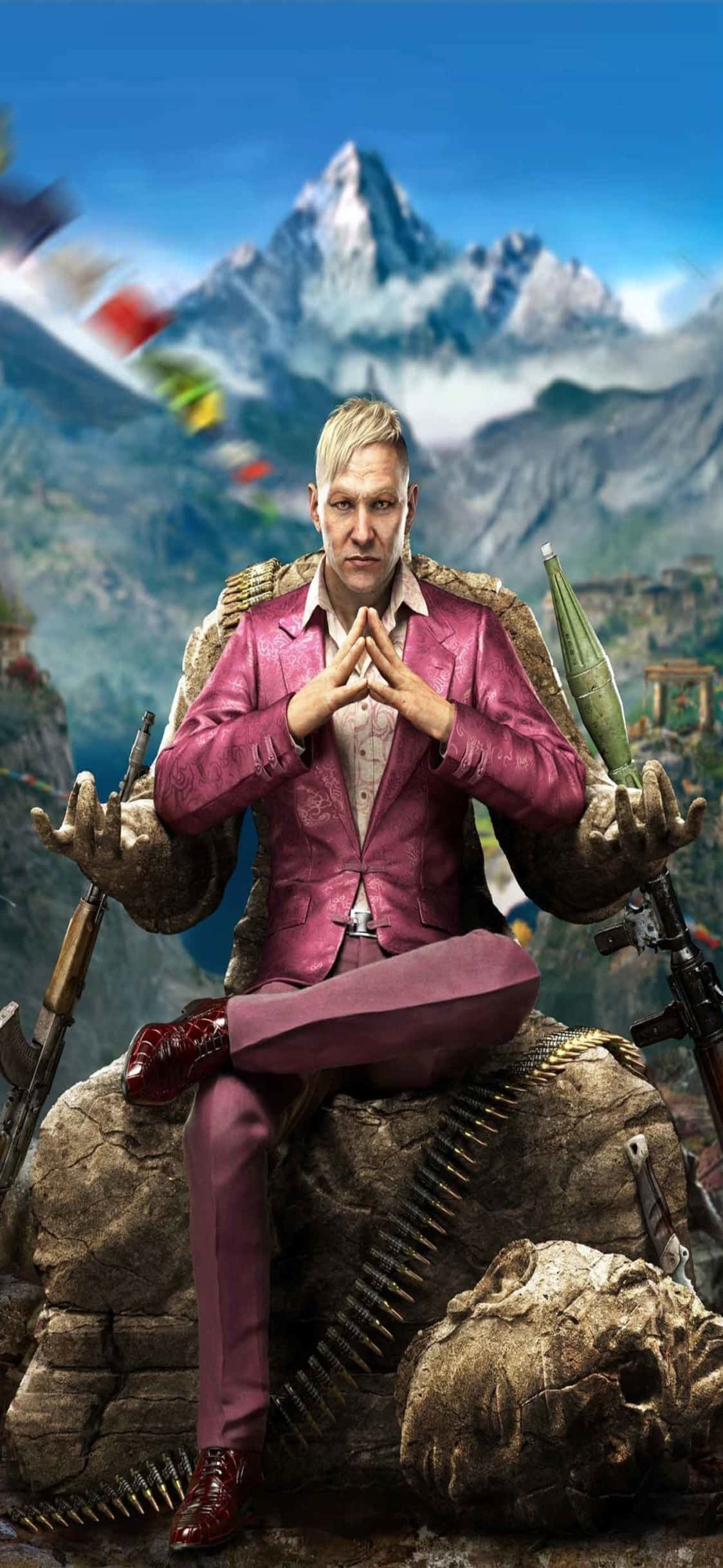Skilderagtige uitsig oor die oop wêreld van Far Cry 3 op die iPhone X Muurpapier