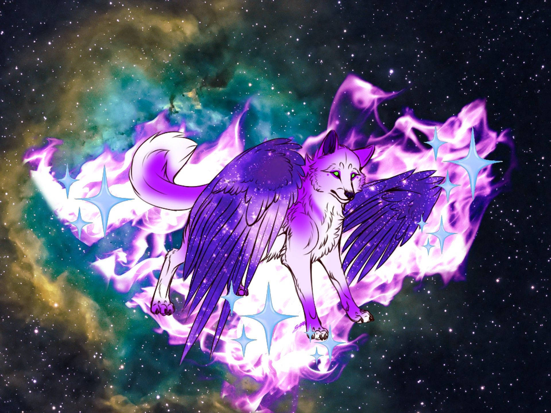 Skoon Galaxy Fantasie Gevlerkte Pers Wolf Muurpapier