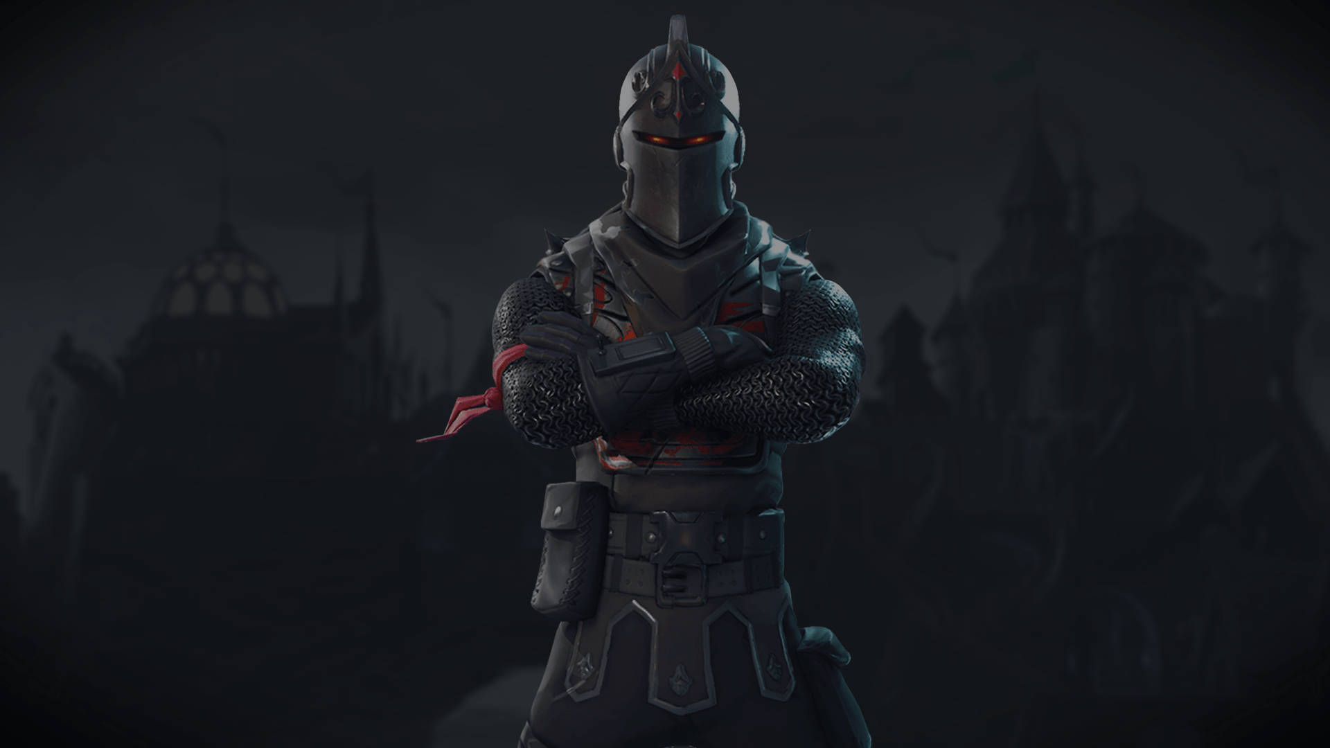'n Vel genaamd Black Knight in Fortnite in 'n donker kasteel-silhoeët-agtergrond HD-agtergrond.