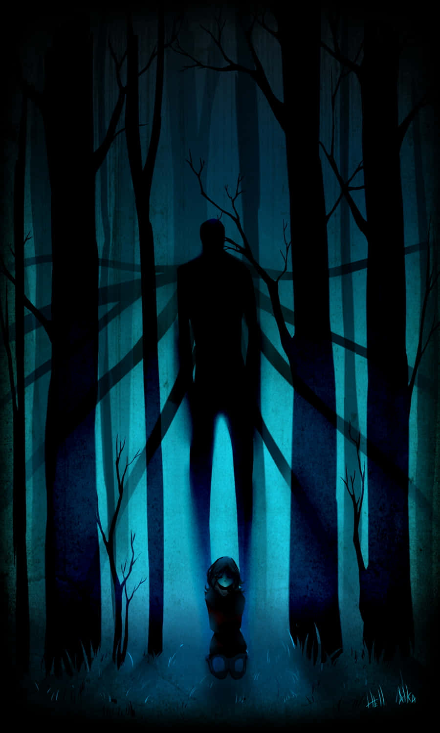 Slender Man Donkerblou Bos Prent Muurpapier
