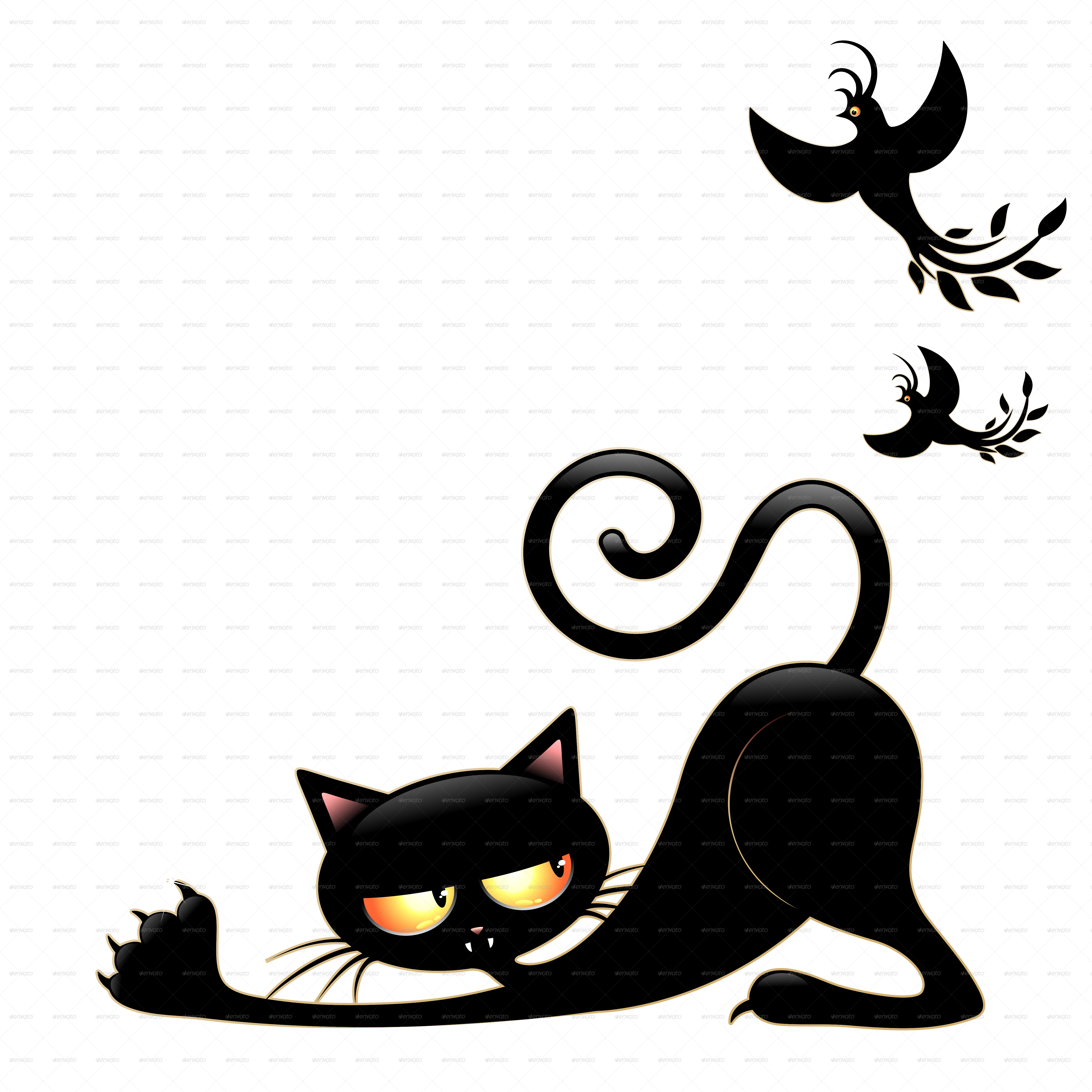 Sluipende Swart Kat en Voëls Muurpapier