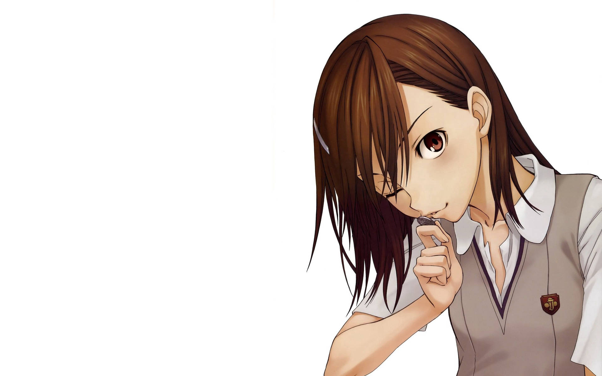 Anime-meisie Mikoto Misaka wat 'n muntstuk vashou en soen agtergrond — Anime meisie Muurpapier