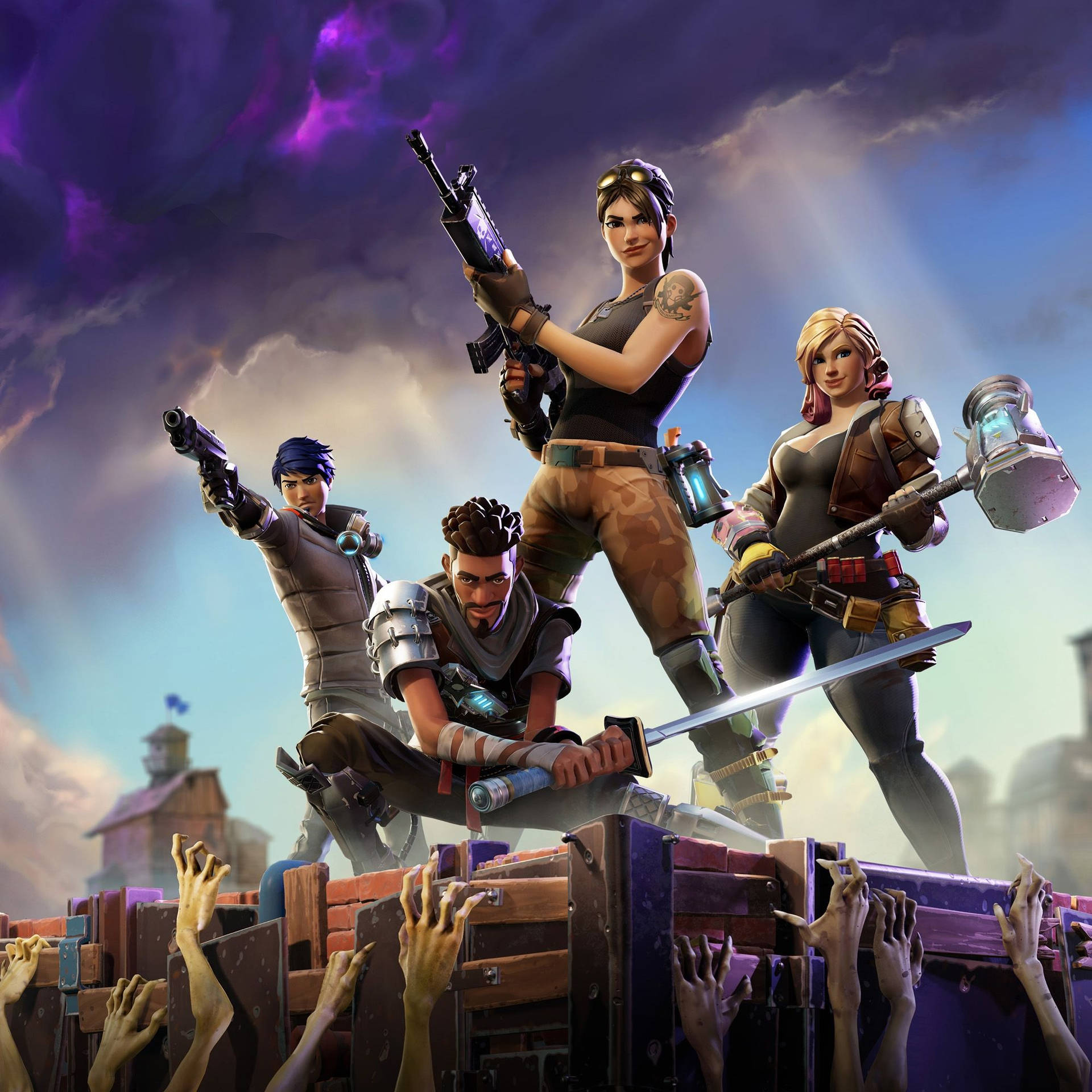Vier vegters veg vir oorlewing teen monsters in die speletjie Fortnite HD-agtergrond.