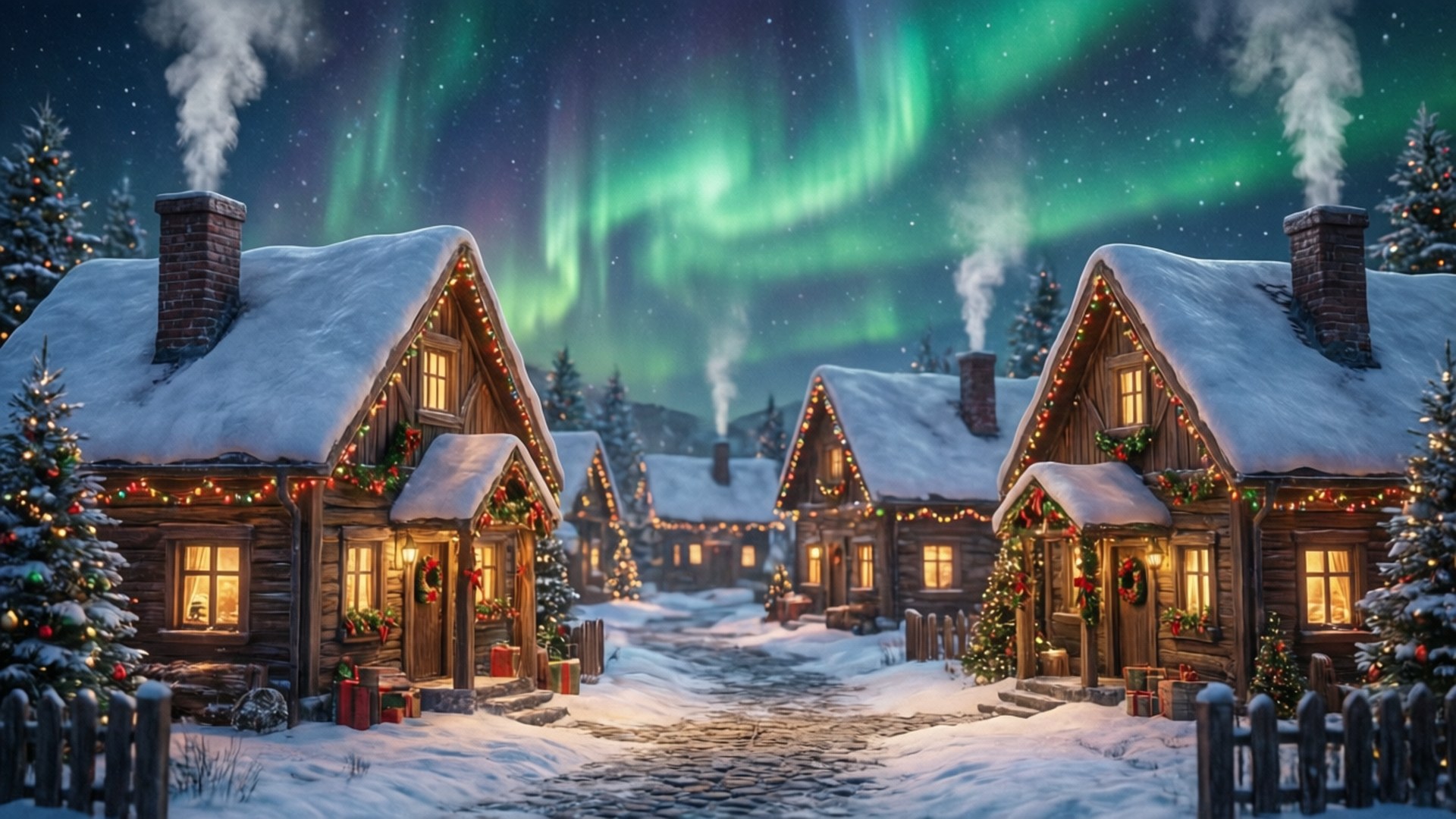Sneeuagtige Dorp Groen Kersfees Muurpapier