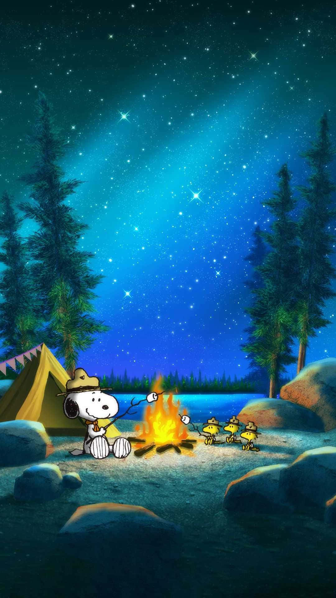 Snoopy Kampvuur Peanuts Kersfees Muurpapier