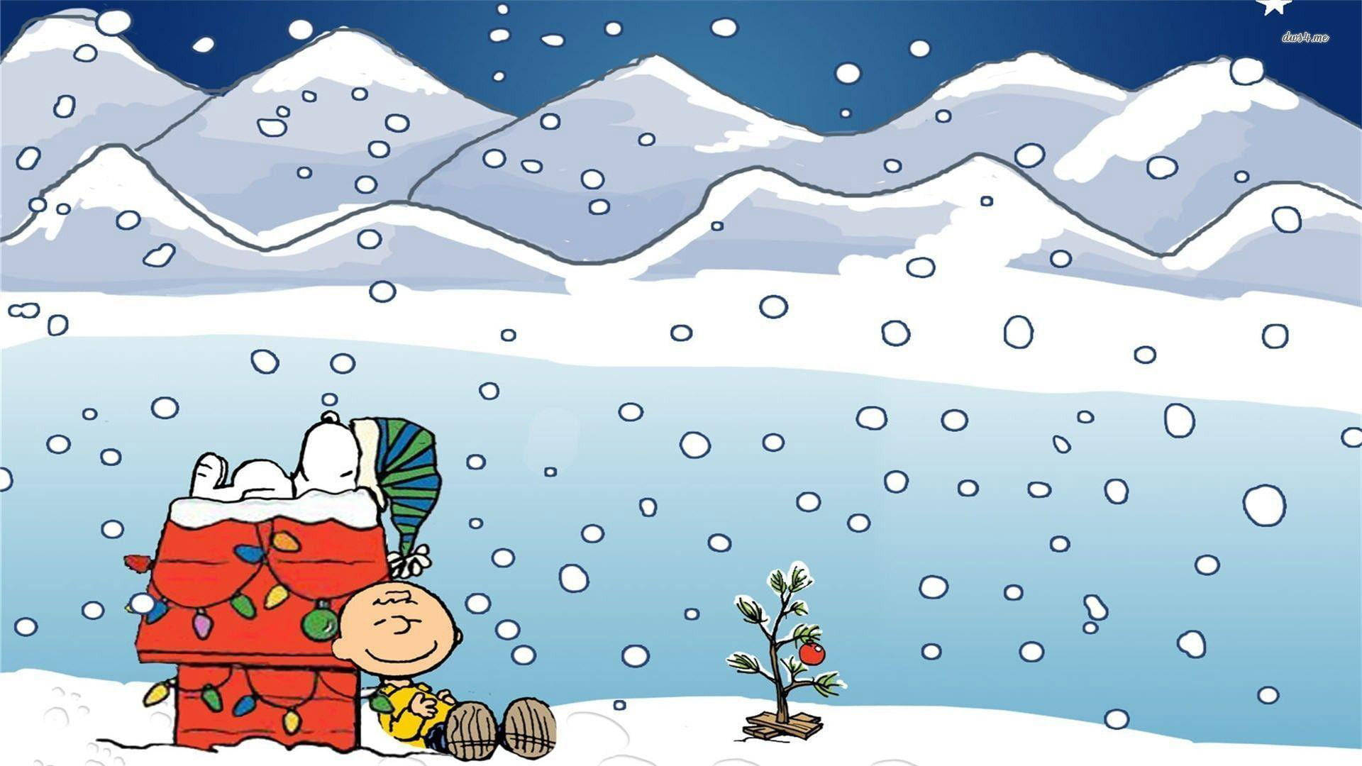 Snoopy Kersfees Buitelug Sneeu Muurpapier