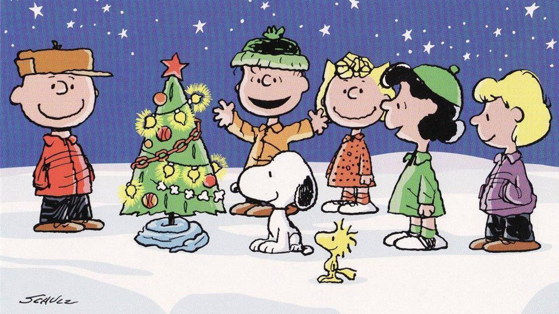 Snoopy Kersfees Versierde Boom Muurpapier