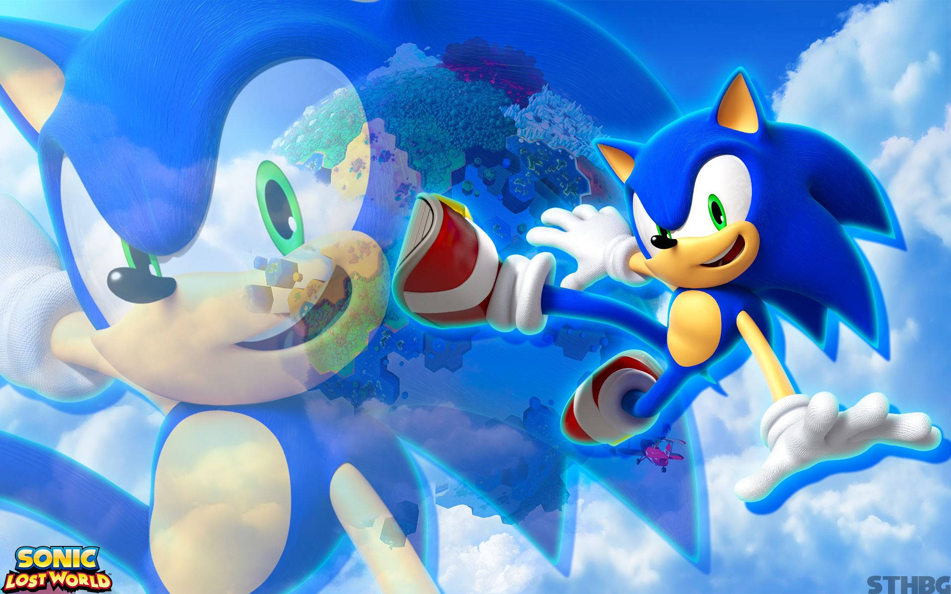 Agtergrond van dinamiese blou krimpvarkie Sonic in Sonic Lost World-speletjie.