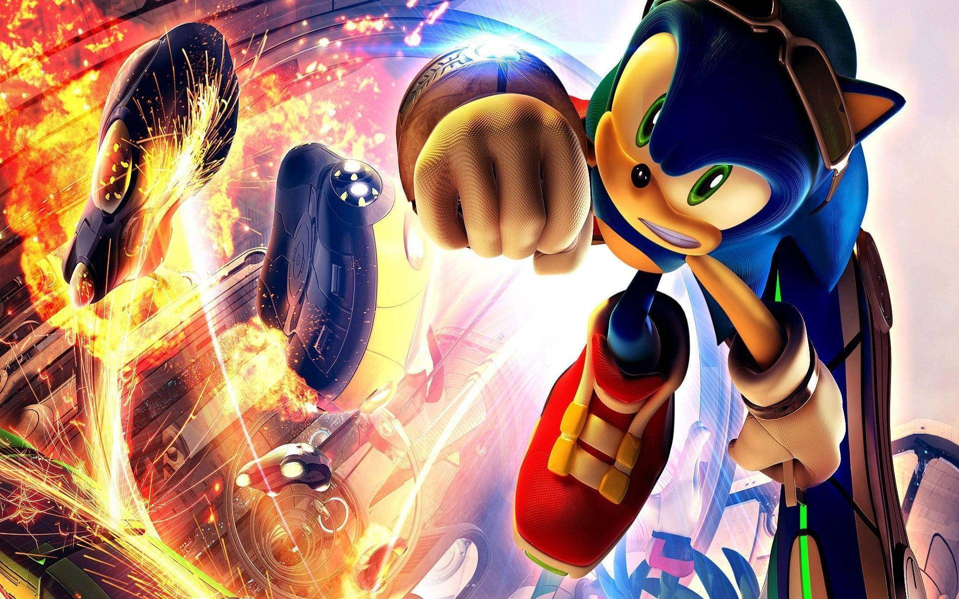 Ultra HD-agtergrond met Sonic wat in aksie vlieg.