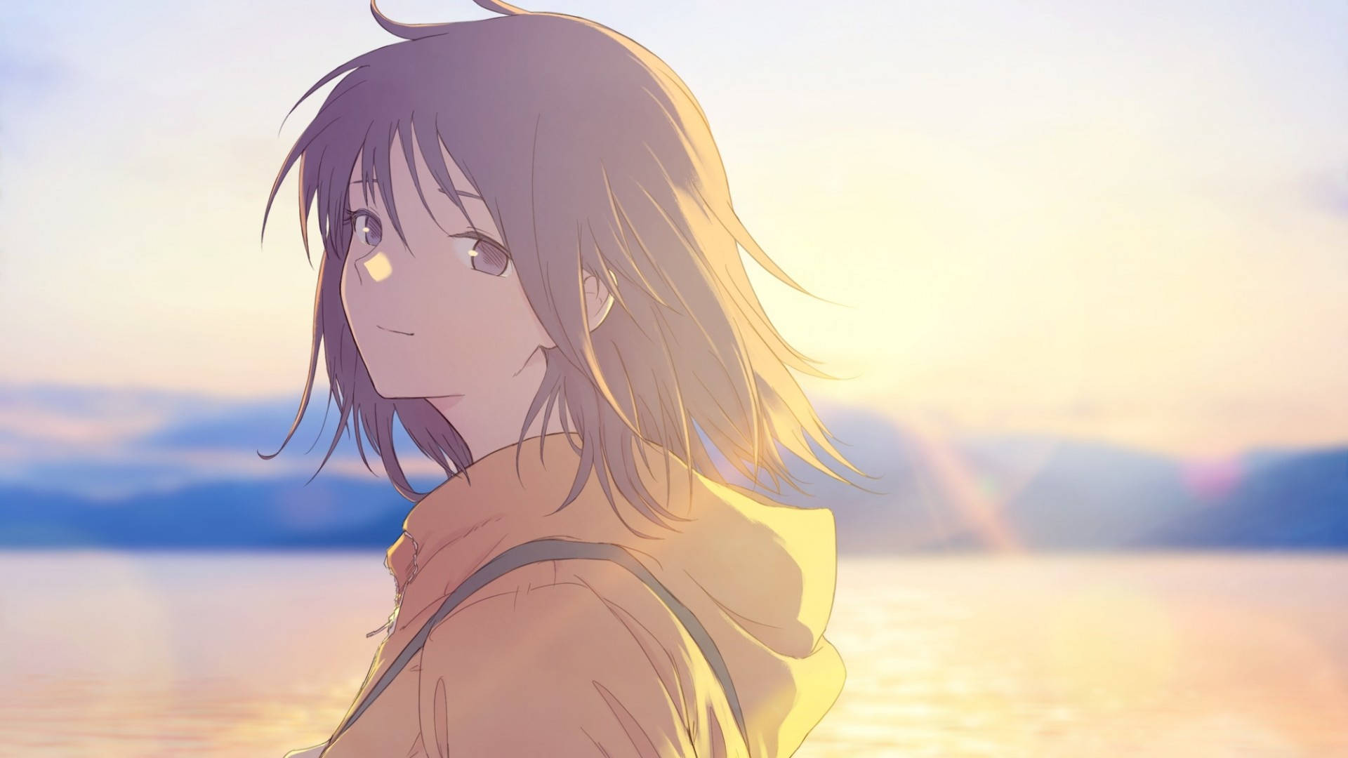 Sonsondergang Anime Meisie Hoodie Muurpapier