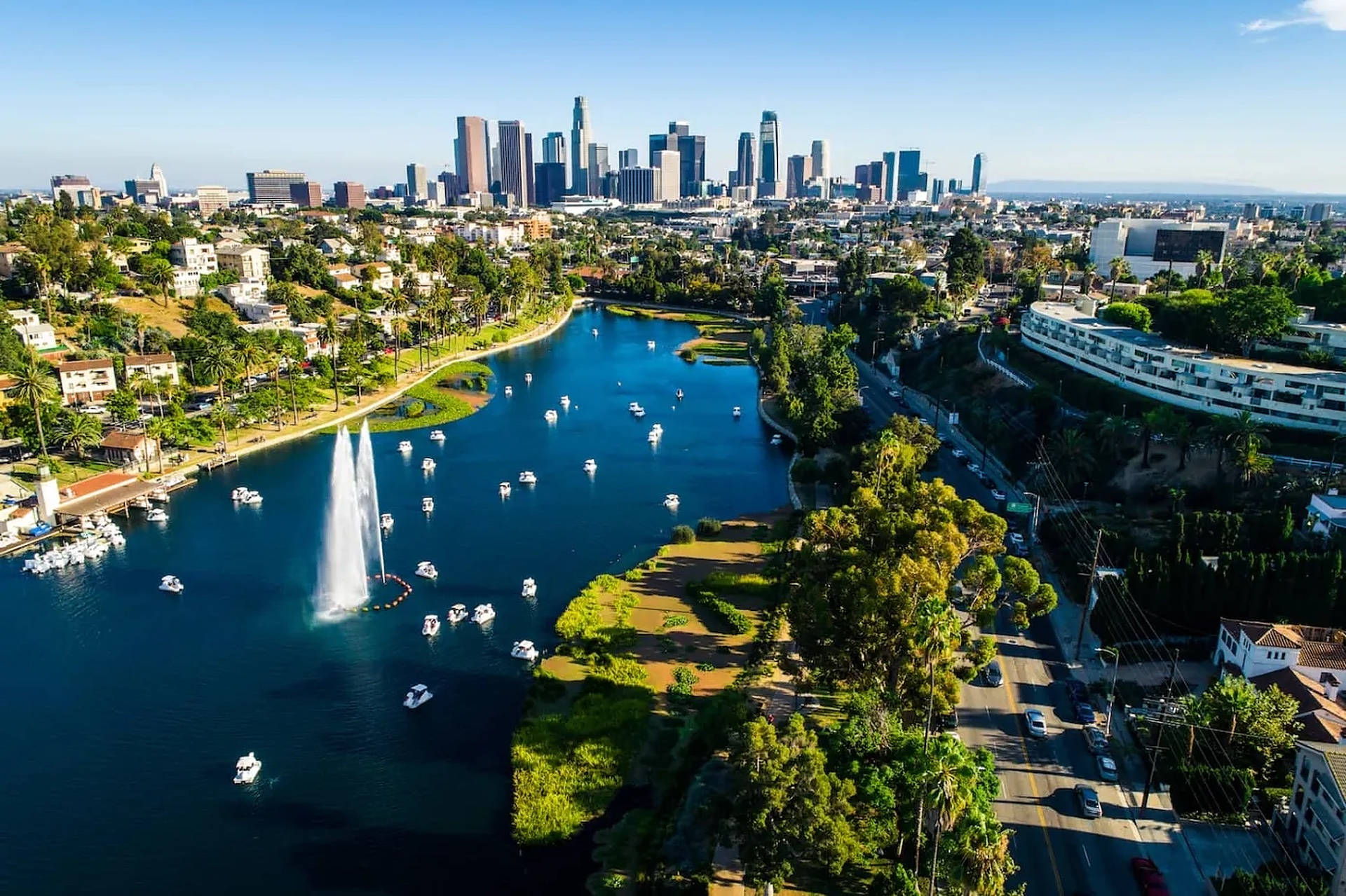 Sonsondergang Boulevard Echo Park-meer Muurpapier