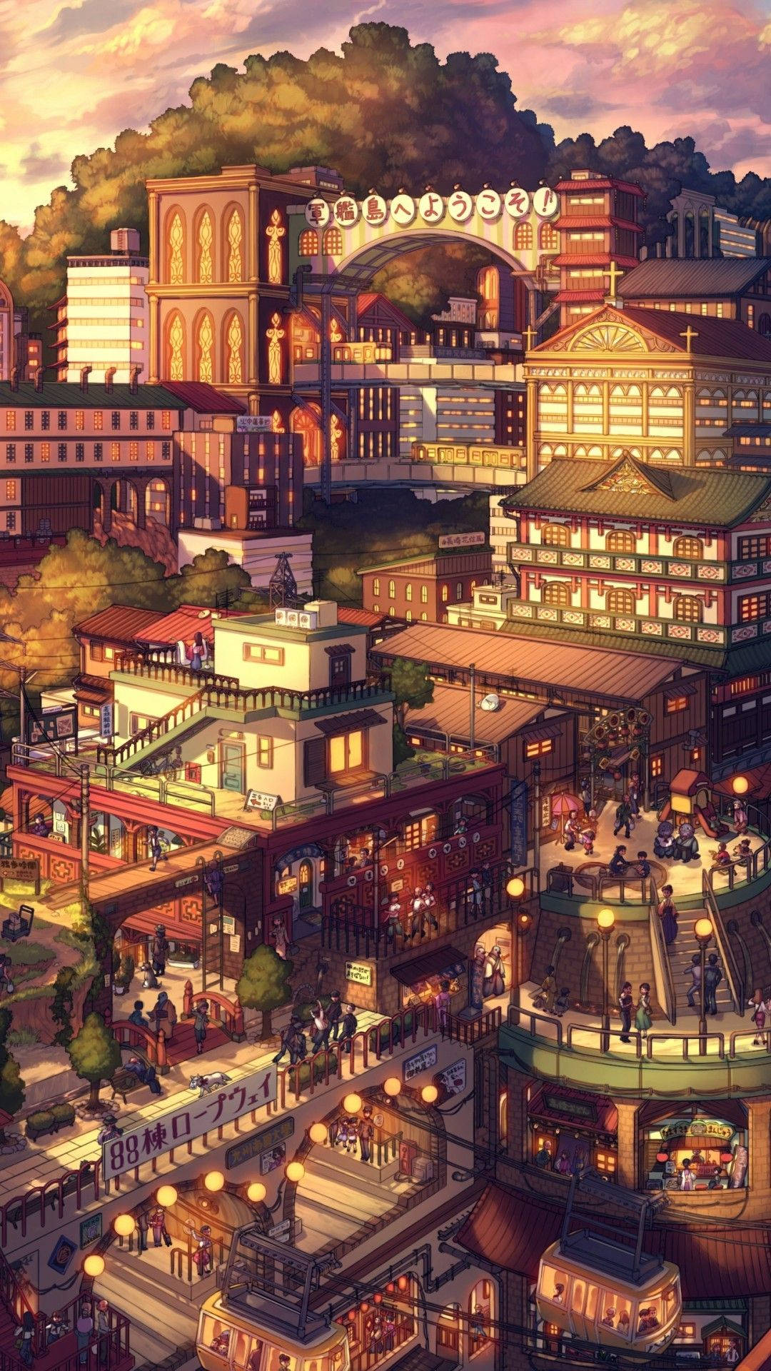 Sonsondergang Stad met Japannese Estetika Muurpapier