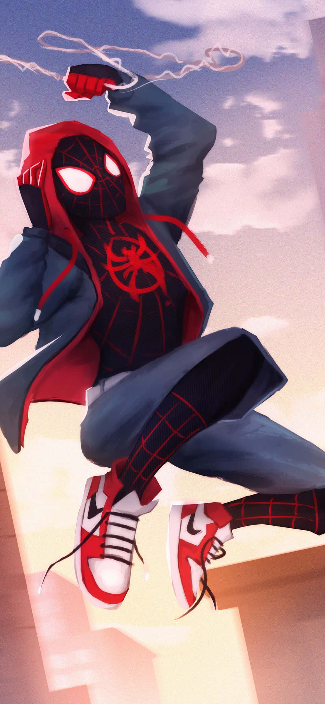 Sonsonderganghemel met Marvel-fiksiekarakter Miles Morales iPhone Muurpapier