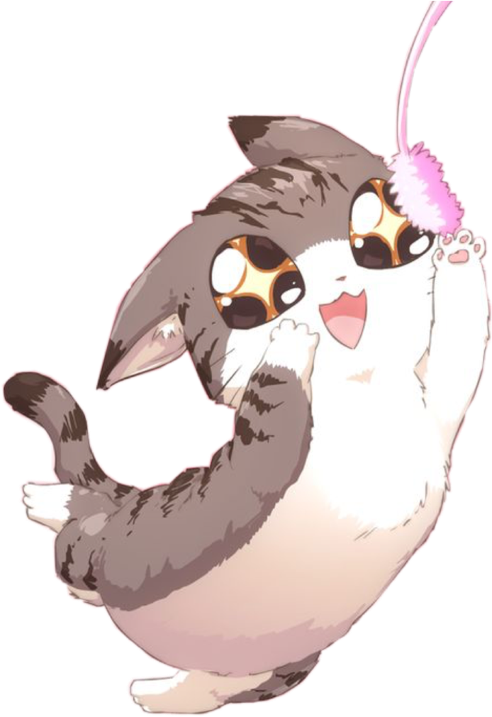 Speelse kawaii-kat wat met veer speelgoed speel.PNG Muurpapier