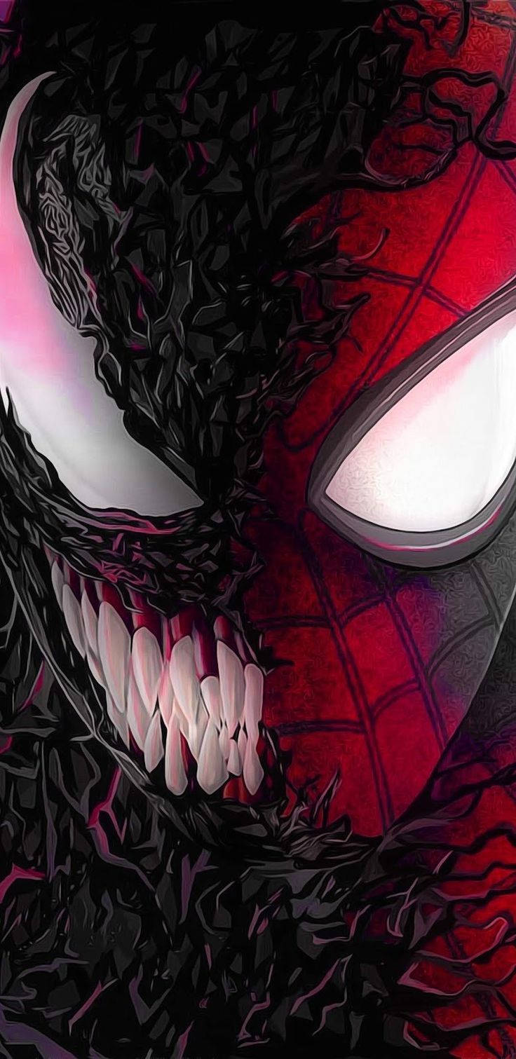 Spiderman half normale gesig en half scary Venom-gesig met skerp tande.
