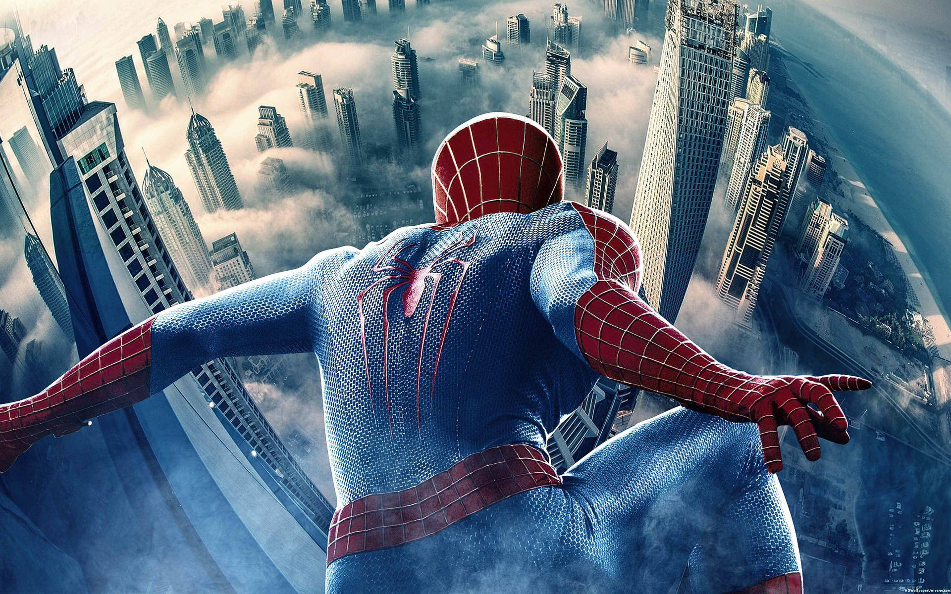 Spiderman bo stadsgeboue muurpapier