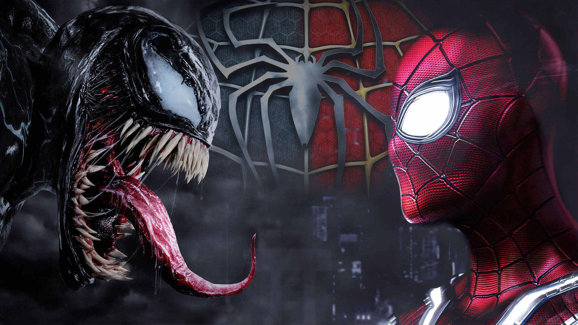 Spiderman en Venom wat mekaar in die gesig staar op 'n donker swart agtergrond.