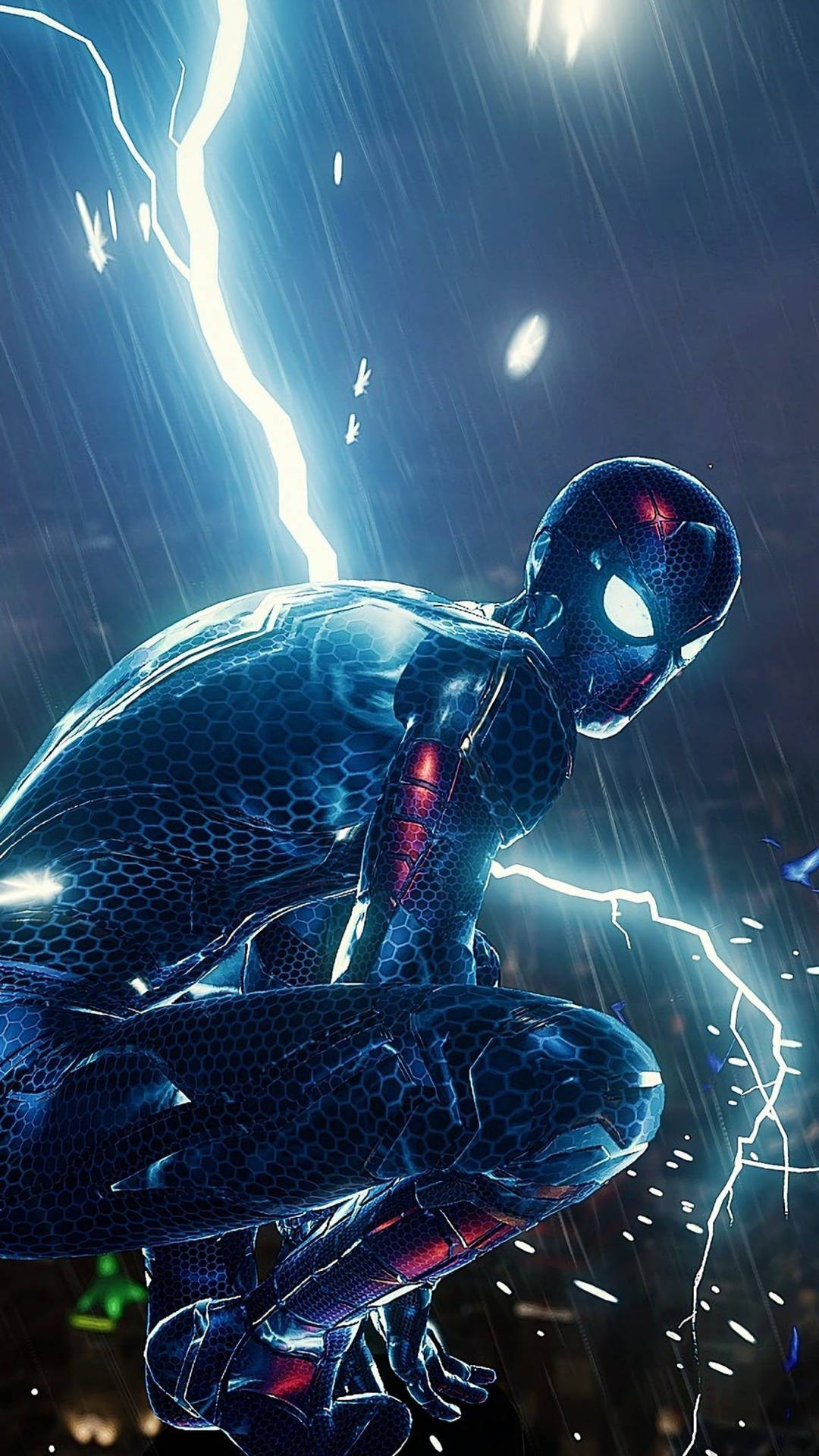 Spiderman wat 'n moderne tegnologie swart pak ry met donderweer in die lug.