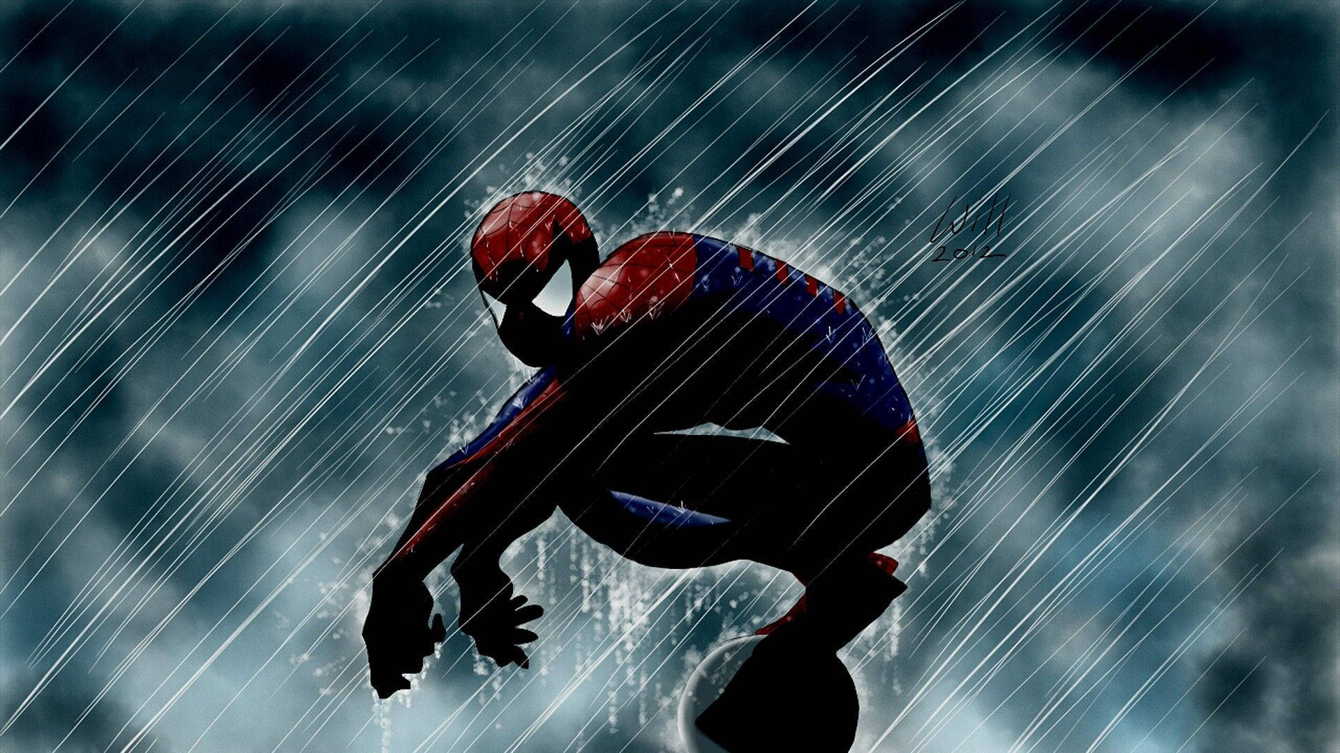 Spiderman wat buite sit en in die reën deurweek word.