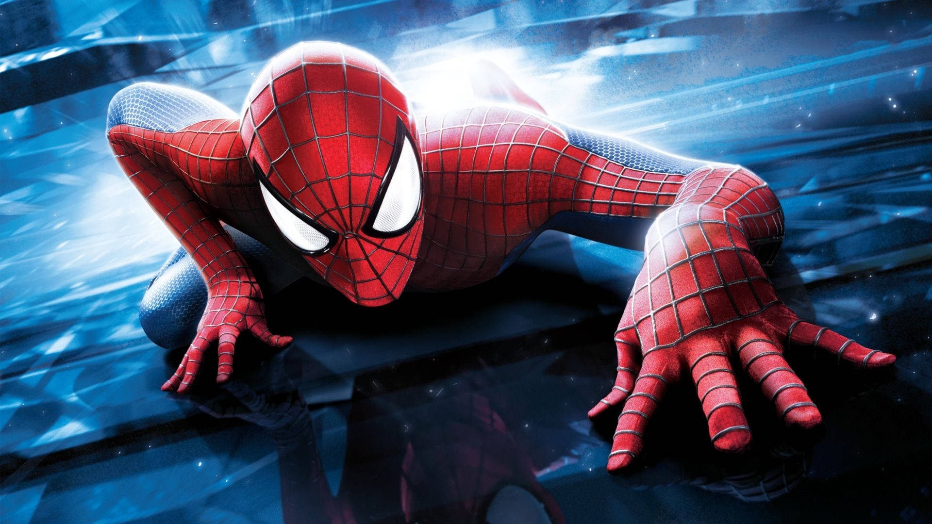 Spiderman klim 'n hoë blou glasgebou in 'n donker stad.