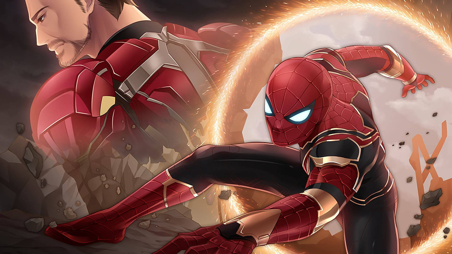 Spiderman wat metaalpak dra wat 'n geskenk van Iron Man is.