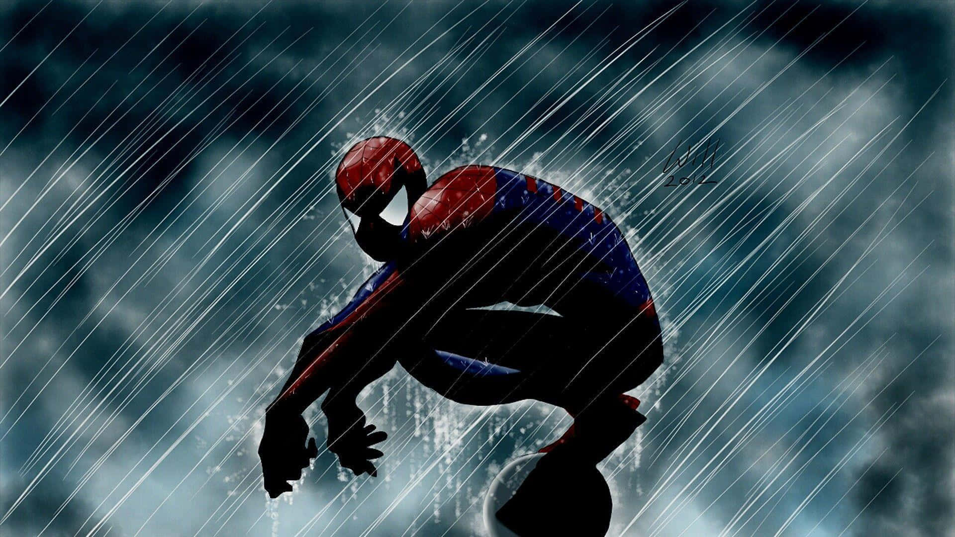 Spiderman PFP Onder die Stortende Reën Muurpapier
