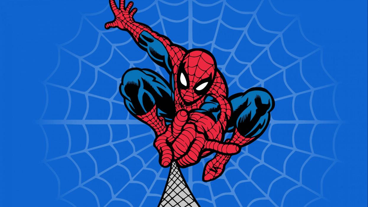 Spiderman wat spinnerak loslaat op 'n blou agtergrond, Marvel Superheld strokiesprente.