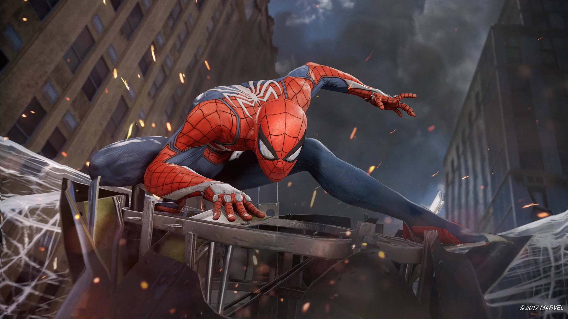 Spiderman marvel-superhelde in aksie, op slagveld met verwoeste stad.