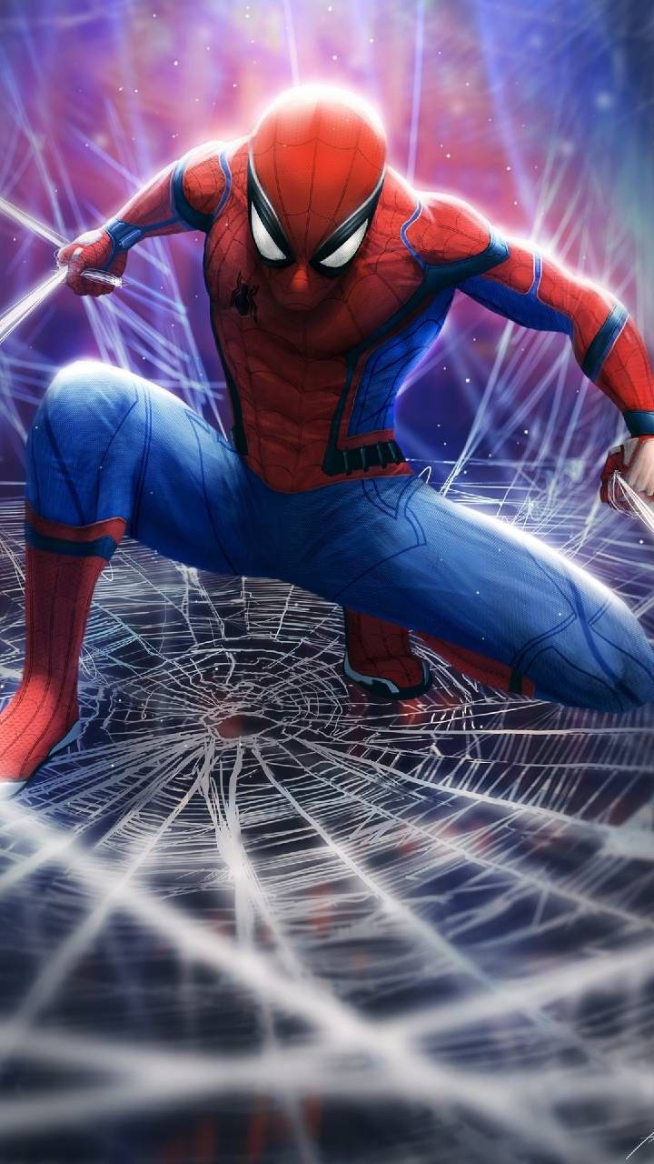 Spiderman wat tussen wolkekrabbers swaai aan 'n web Muurpapier