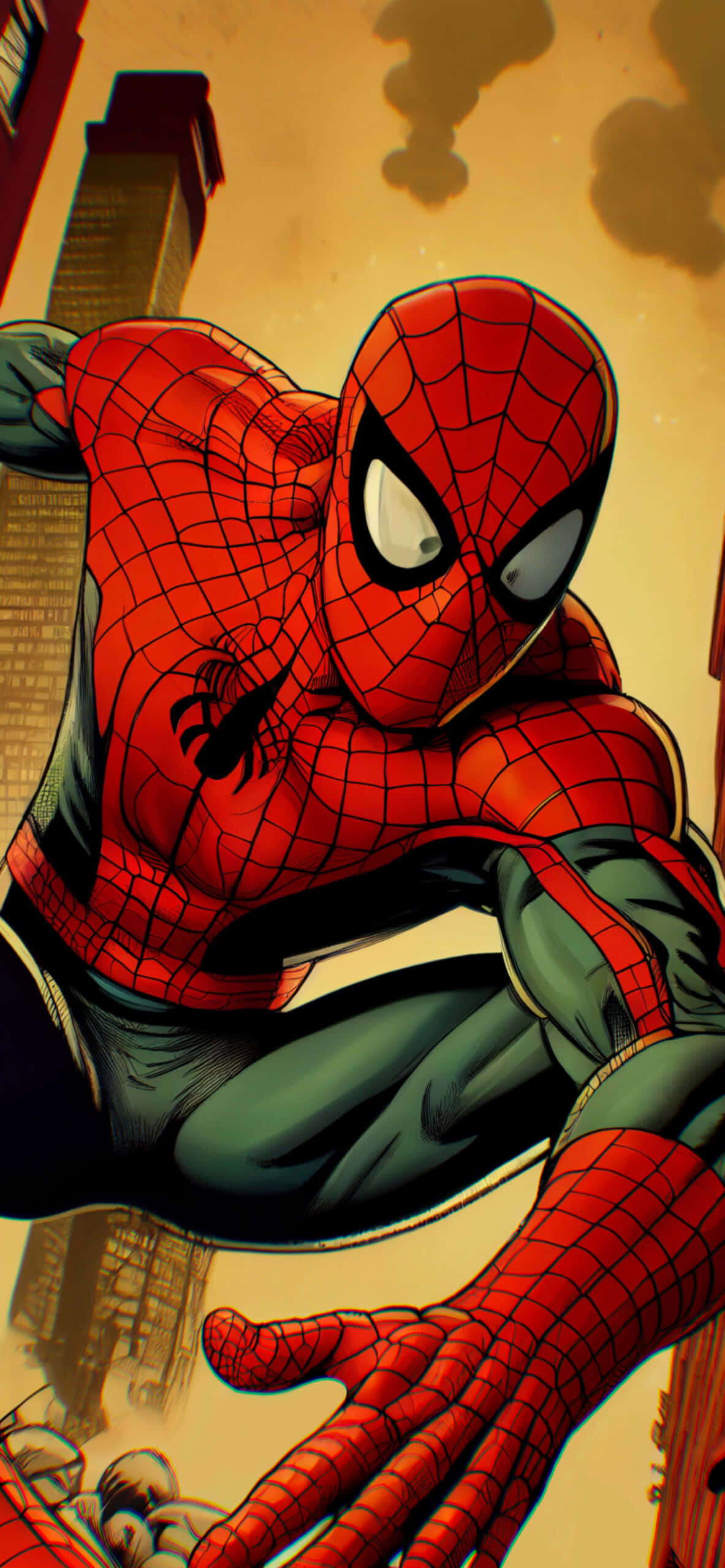 Spiderman wat waaghalsig oor die stad kruip Muurpapier