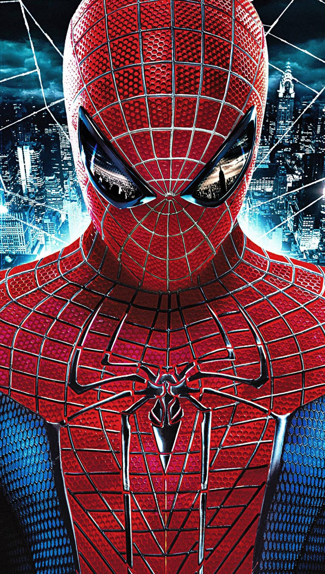 Spiderman Marvel-helde wat afkyk met 'n blou weerlig-agtergrond.