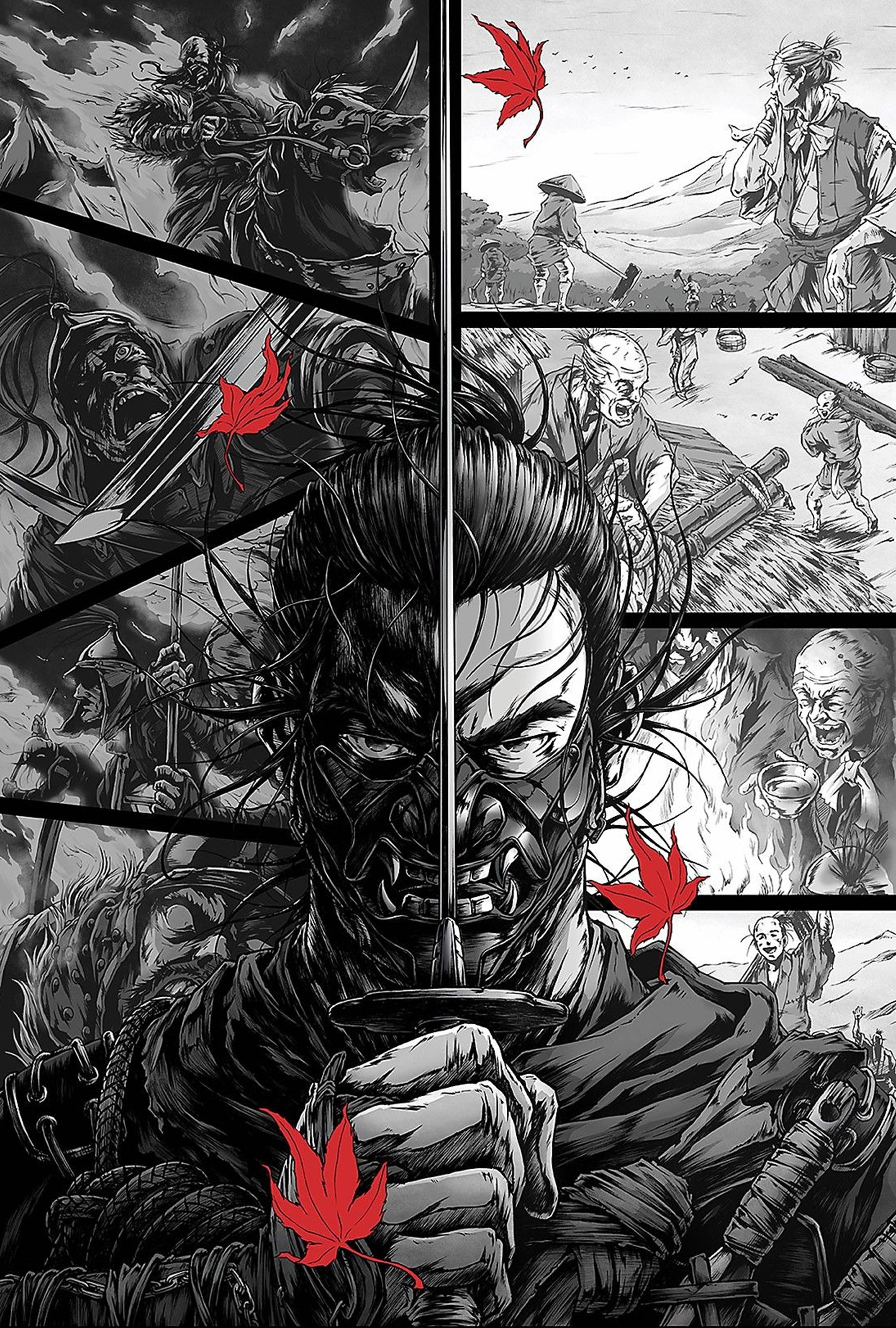 Spook van Tsushima Strokiesprentkuns 4K Muurpapier